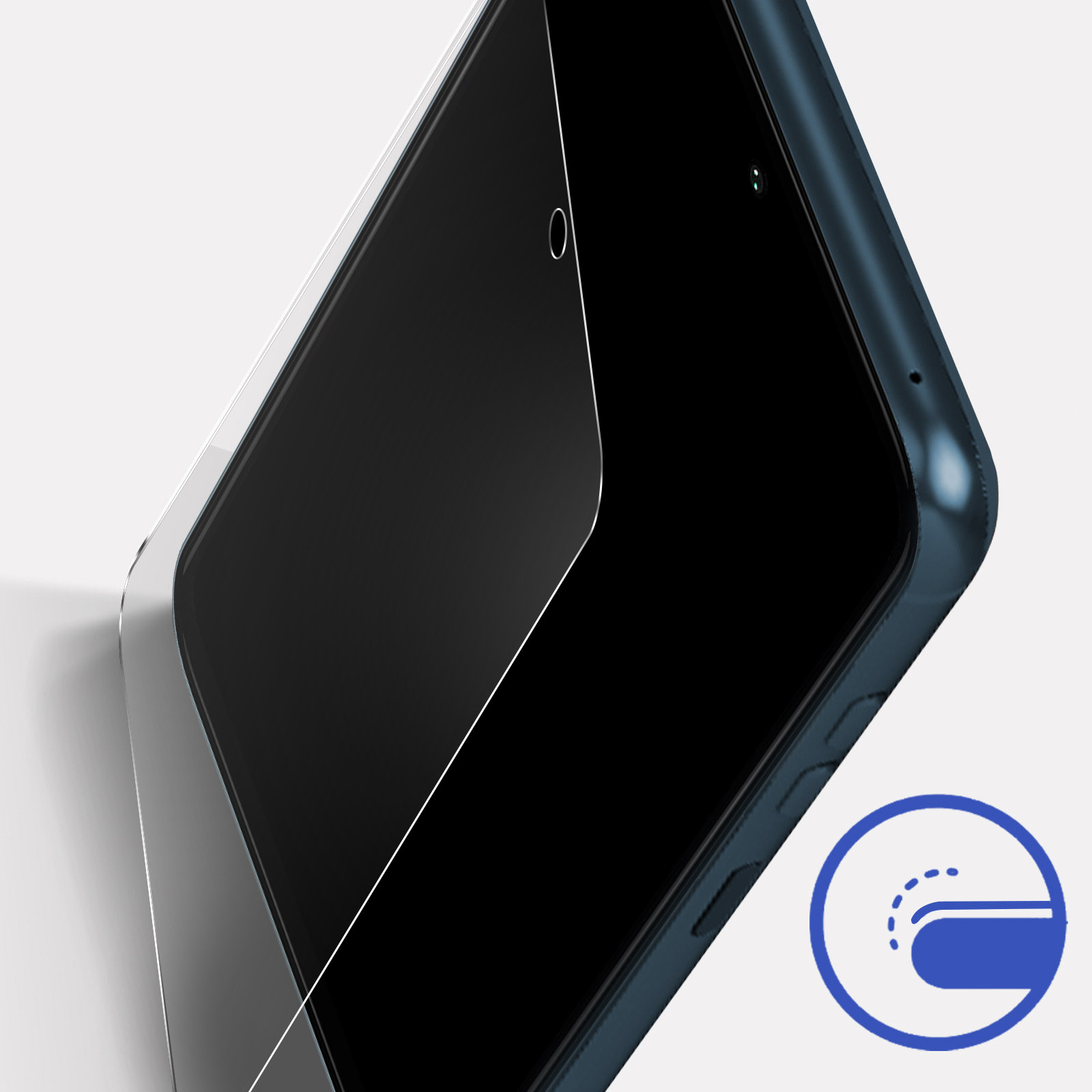 Uno smartphone con una protezione schermo applicata. Il telefono è blu scuro, con schermo nero. Un'icona blu è visibile.