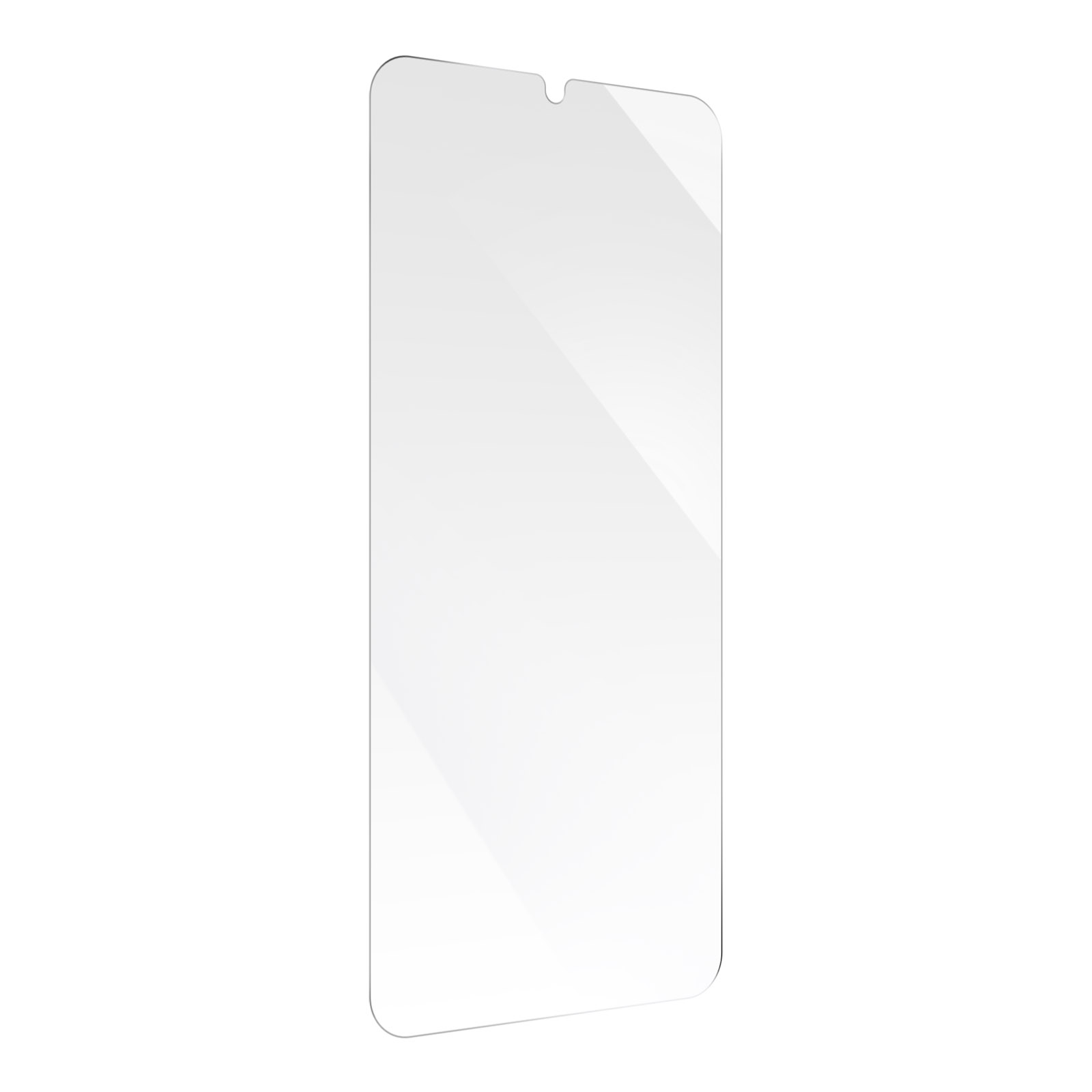 Pellicola protettiva trasparente per telefono. Forma rettangolare con angoli arrotondati. Intaglio in alto. Sfondo bianco.
