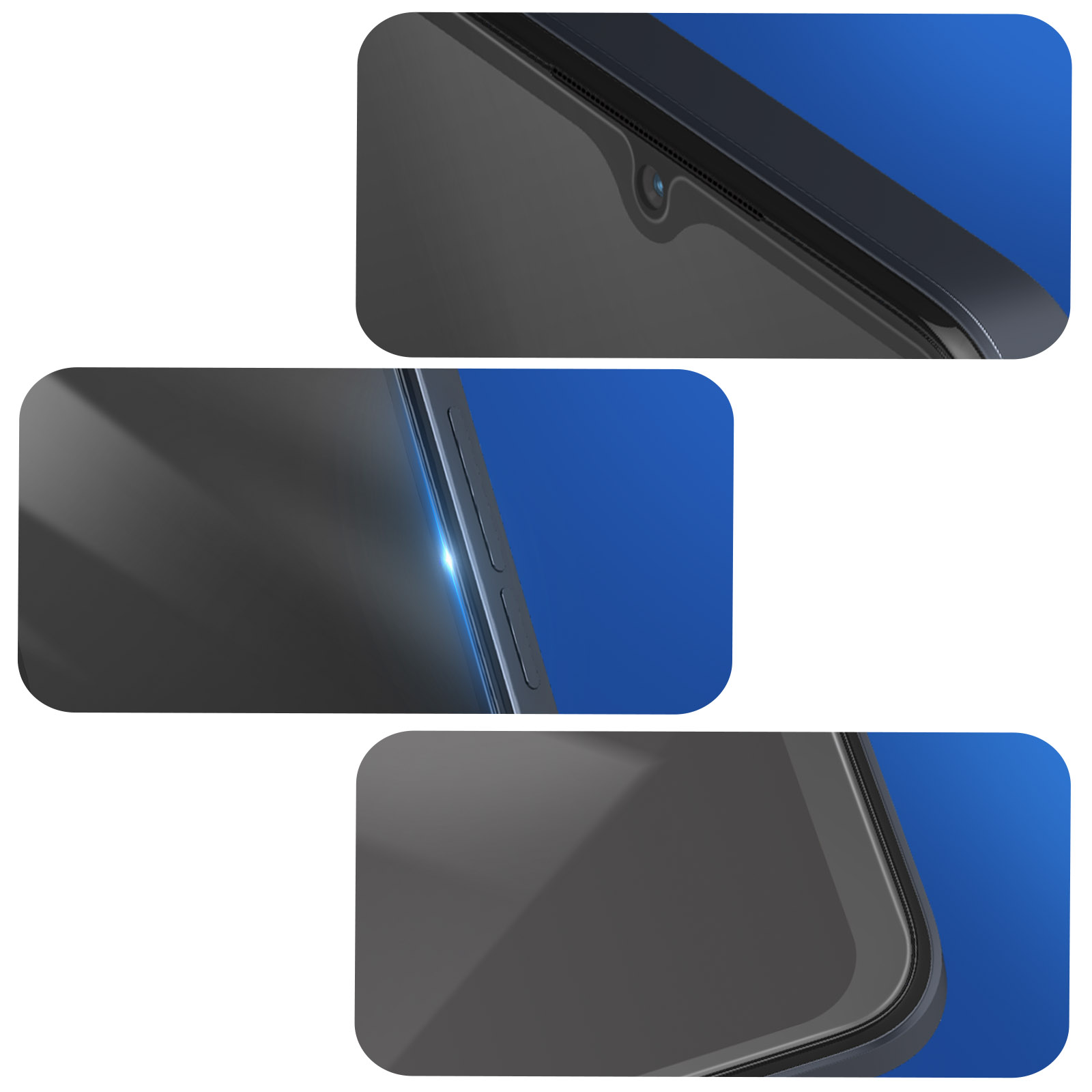 Primi piani di uno smartphone. Dettagli: fotocamera frontale, pulsanti accensione/volume e bordo curvo dello schermo.