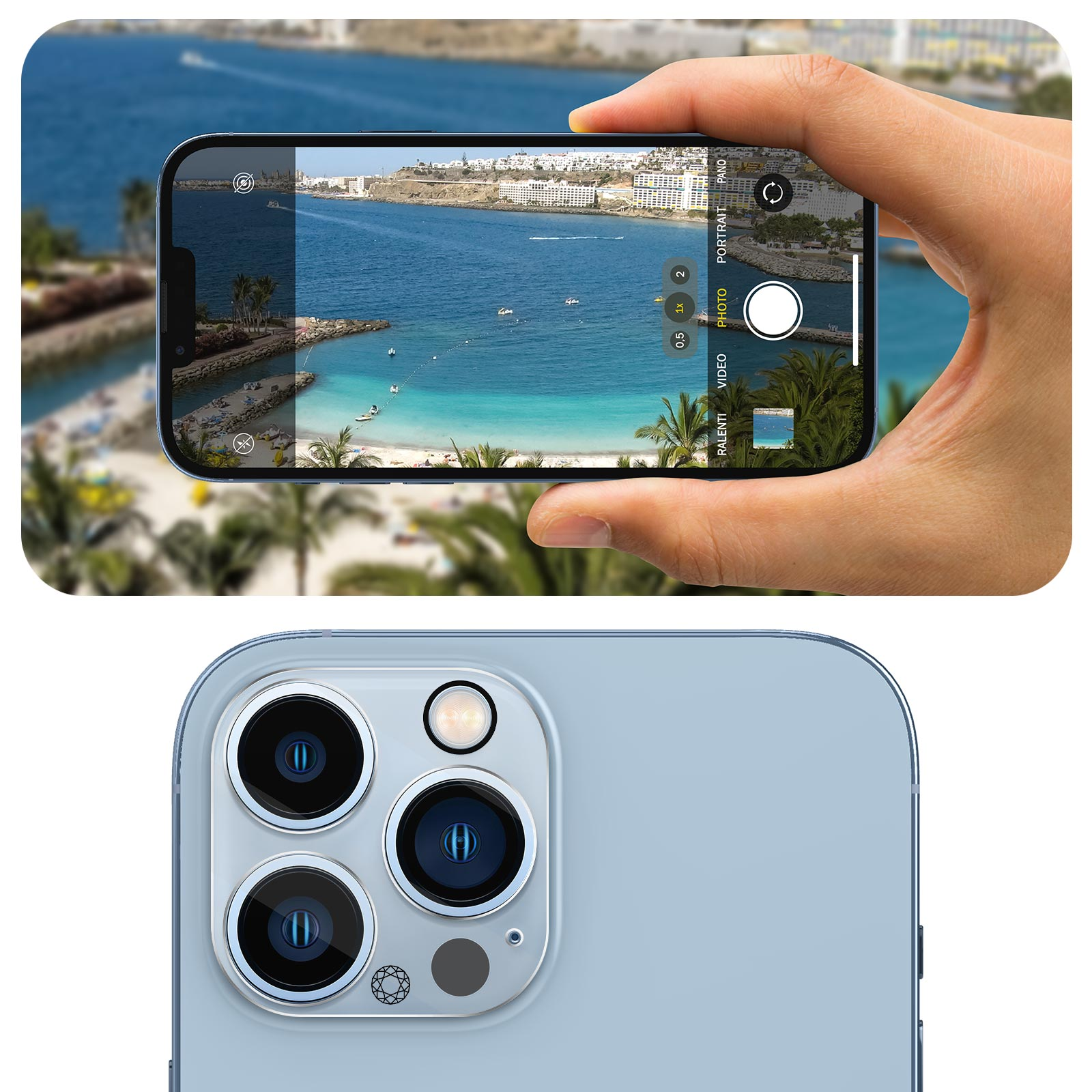 A hand holding a phone filming a beach scene. Phone's back shows cameras. The background is a beach and sea.