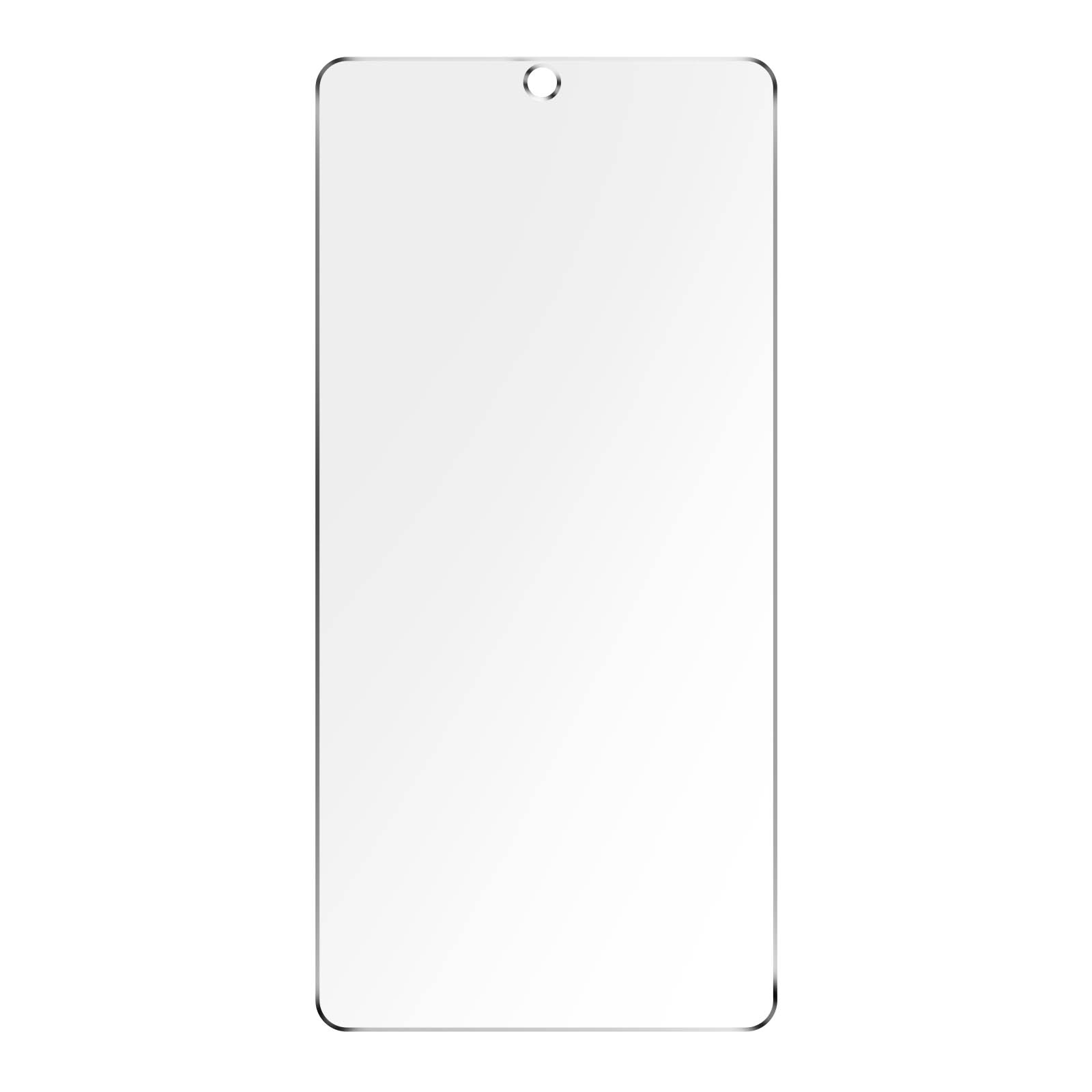 Przezroczysta ochrona ekranu, prostokątny kształt z okrągłym wycięciem na górze.