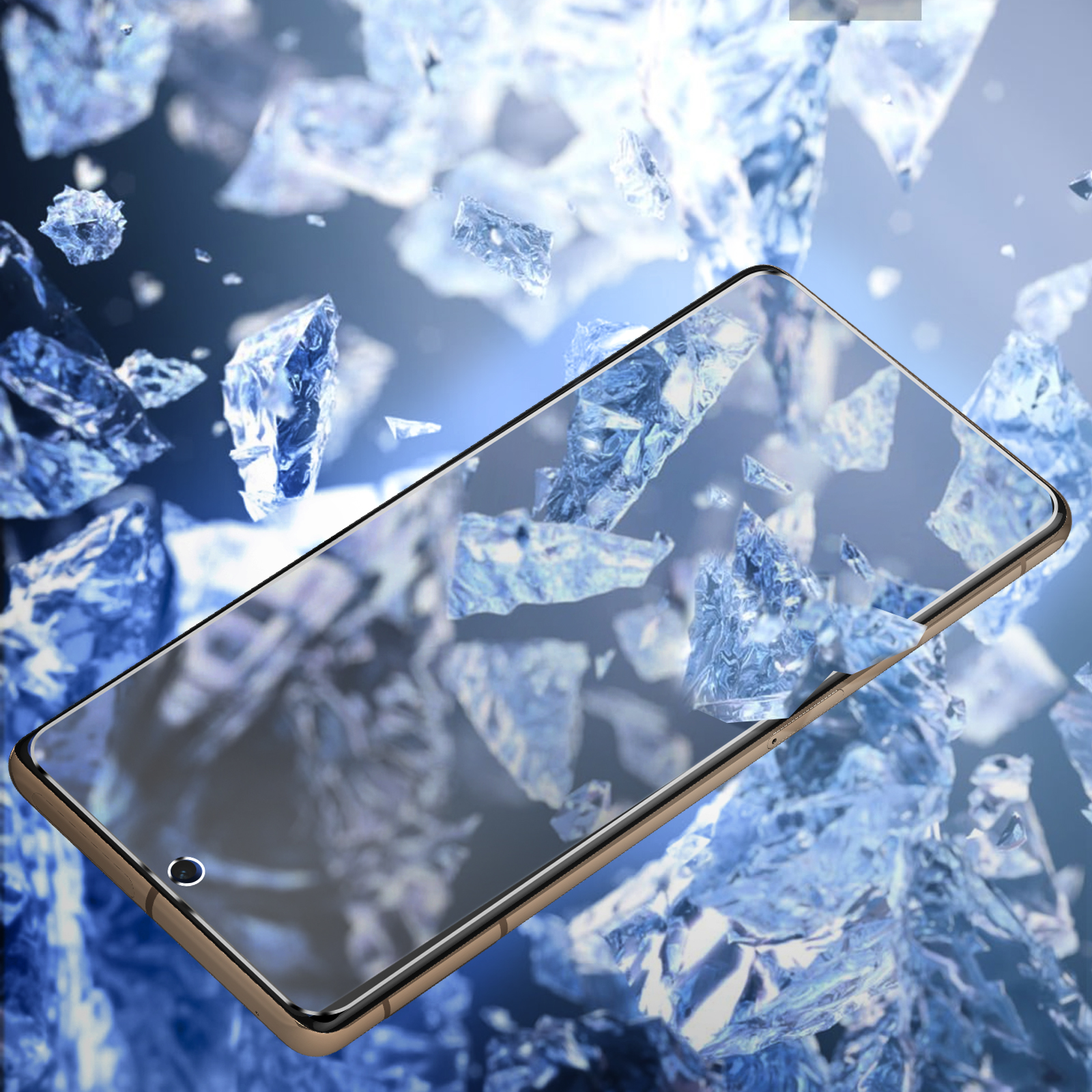 Ochraniacz ekranu na ciemnym tle z odłamkami lodu. Ochraniacz odbija światło.