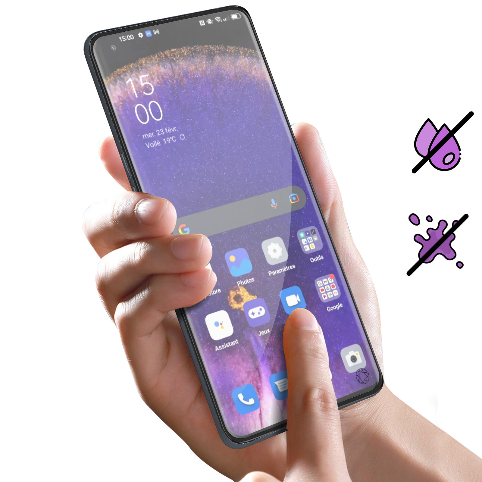 Une main touchant l'écran d'un téléphone. Des icônes et l'heure sont affichées, avec des symboles de résistance à l'eau.