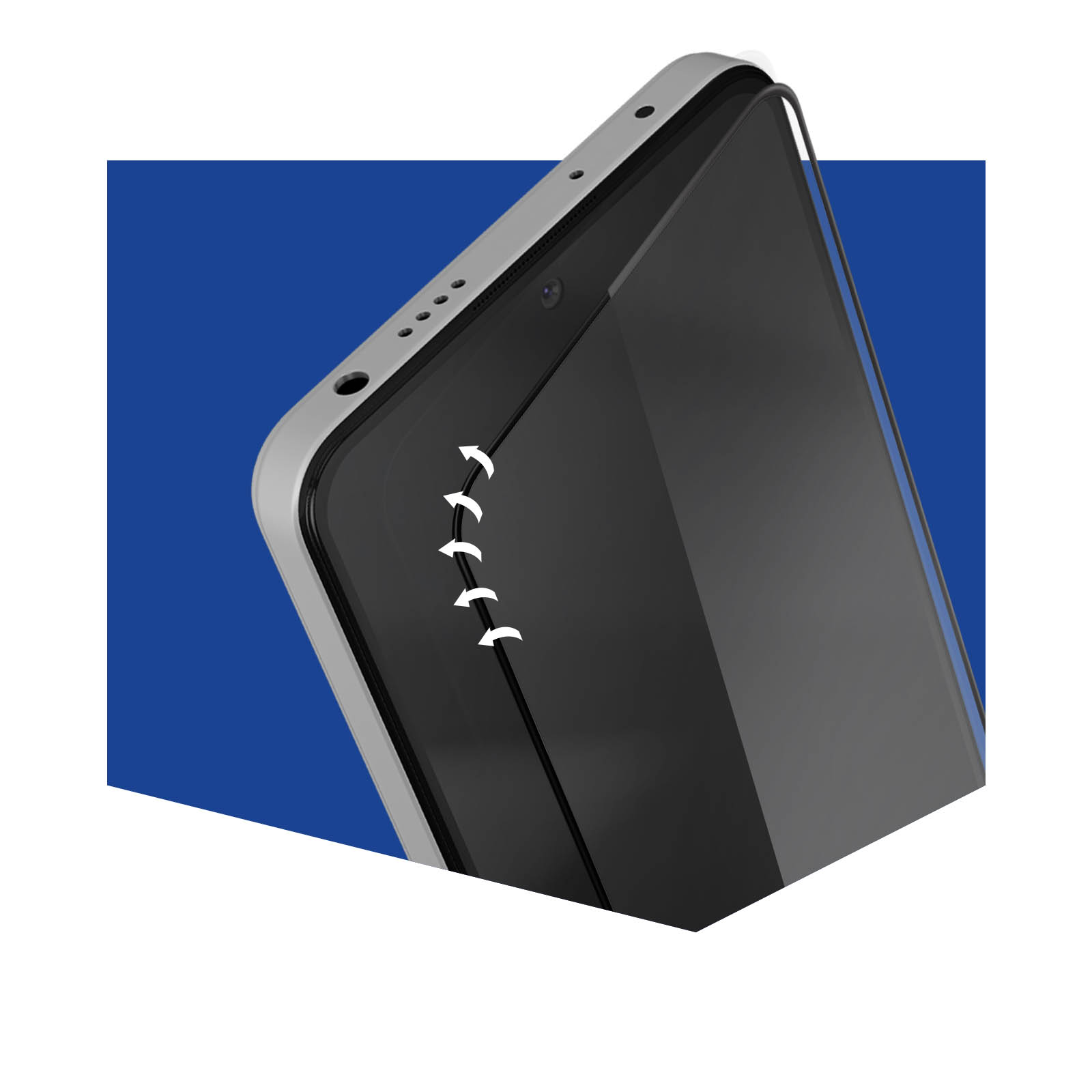 Wyświetlany jest telefon z ochroną ekranu. Strzałki wskazują proces nakładania osłony ekranu.