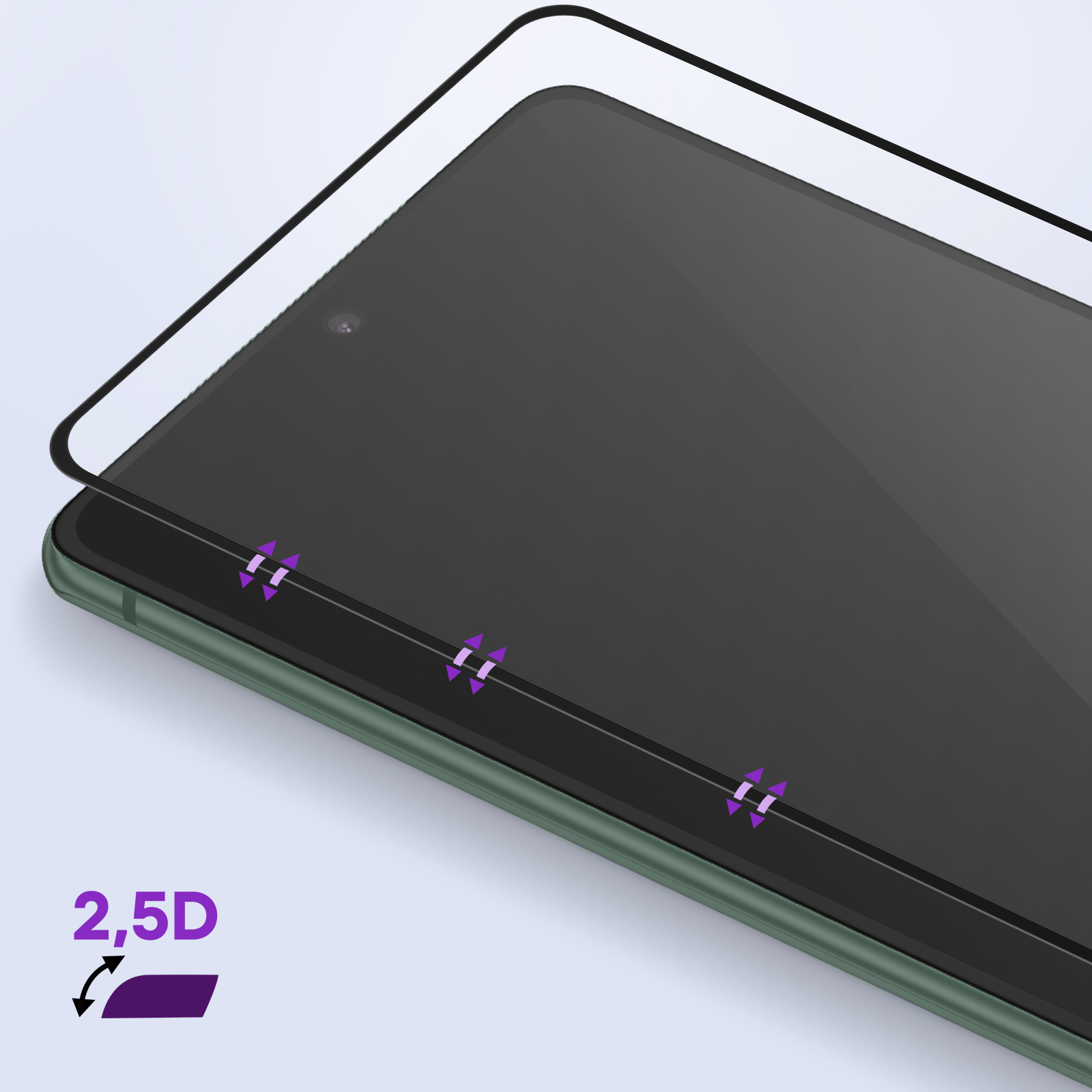 Un proteggi schermo su un telefono verde. Ha testo 2.5D e frecce che indicano i bordi.