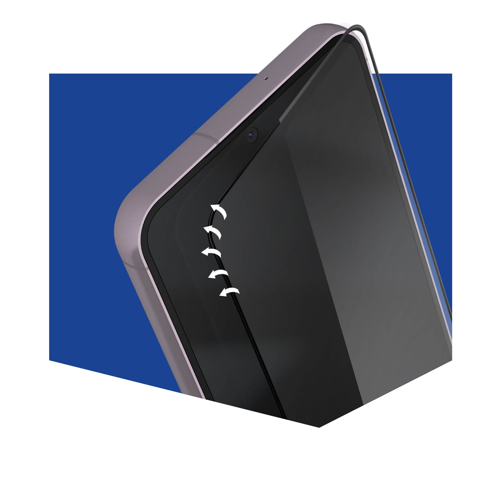 Wyświetlany jest telefon z ochroną ekranu. Strzałki wskazują proces nakładania osłony ekranu.