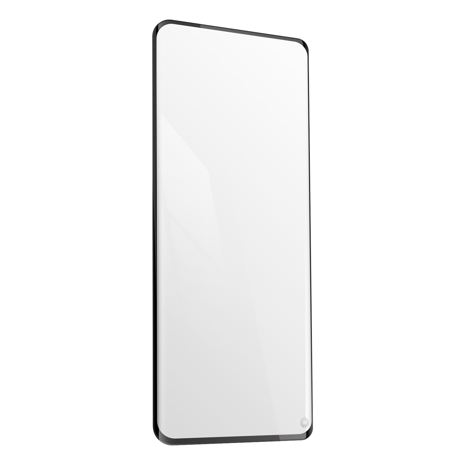 Protecteur d'écran rectangulaire, cadre noir, verre transparent, sur fond blanc.