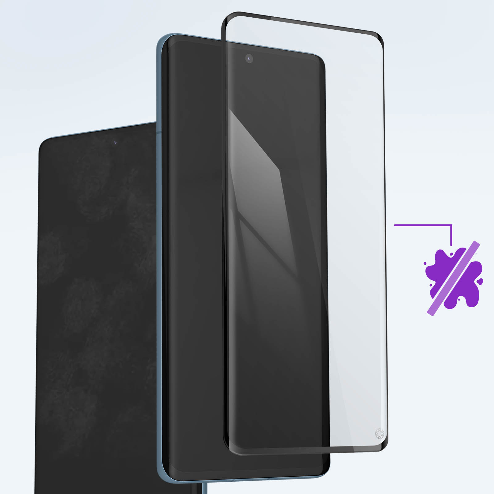Protecteur d'écran de téléphone appliqué sur un téléphone avec une icône d'éclaboussure.