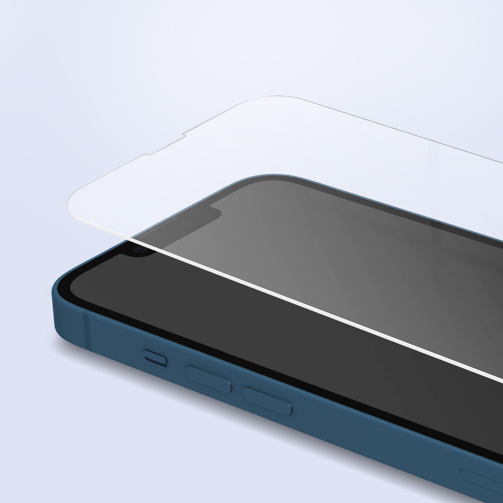Schermbeschermer die op een blauwe telefoon wordt geplaatst, close-up.