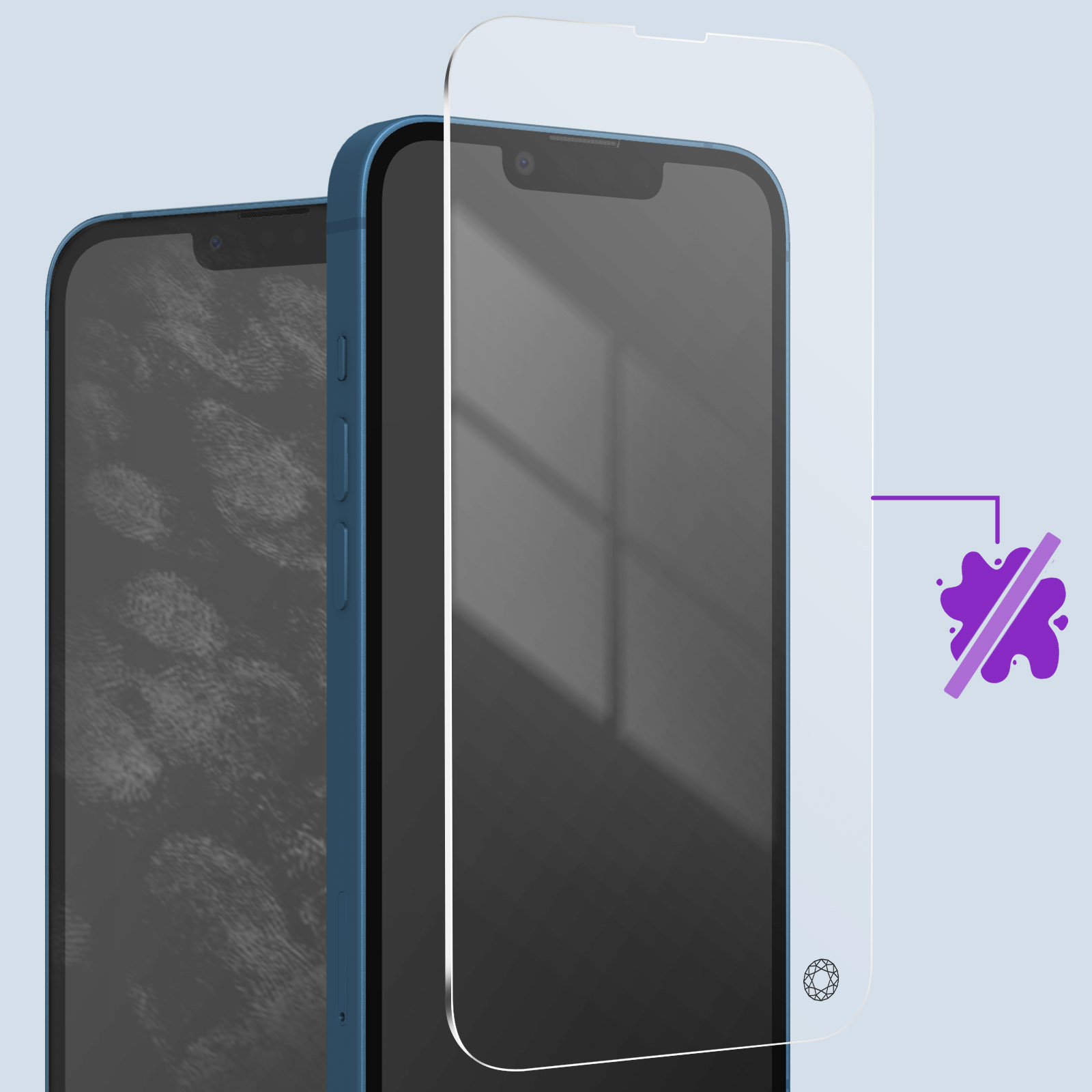 Een blauwe telefoon met een aangebrachte schermbeschermer, die de telefoon toont naast een met vlekken bedekte telefoon.