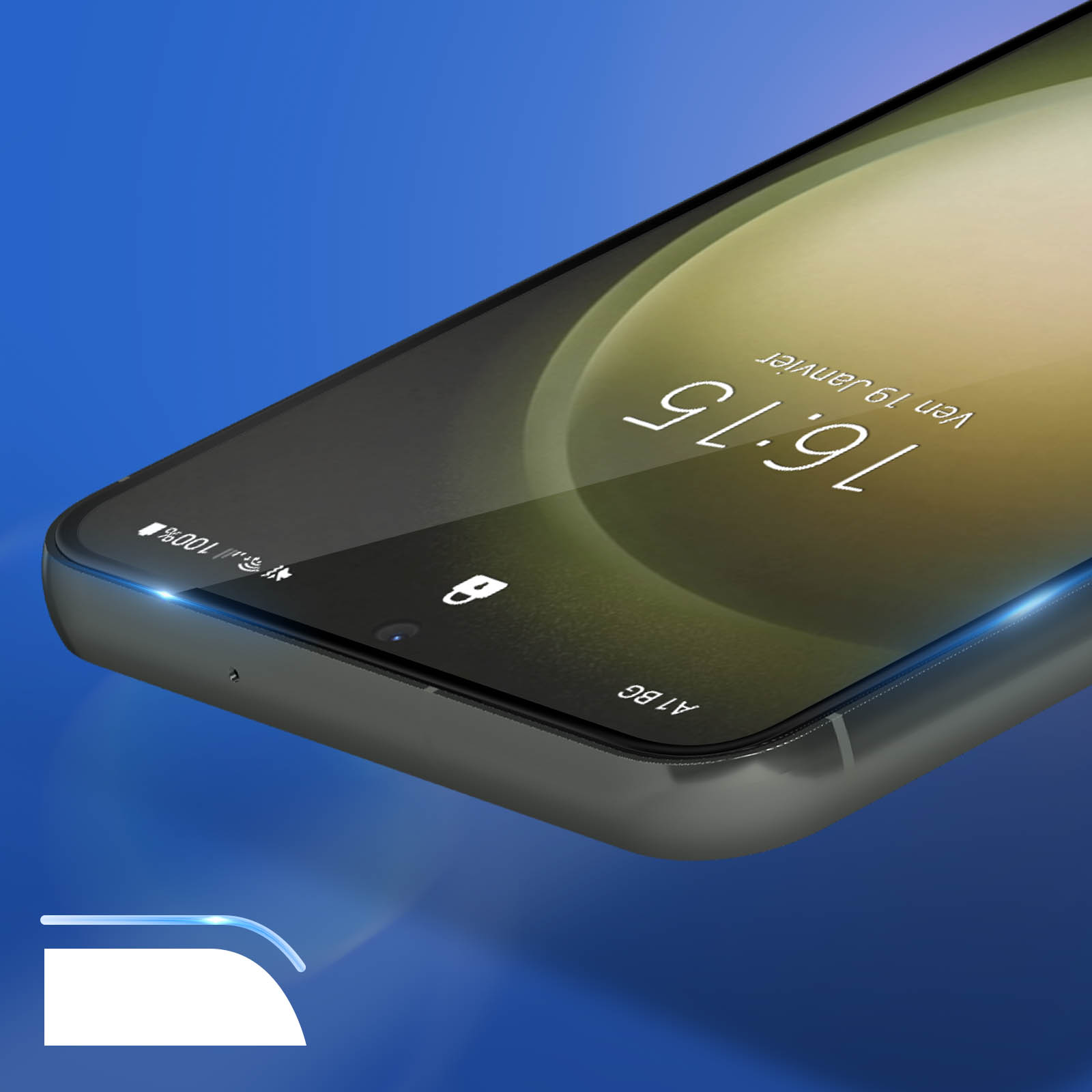 Ekran telefonu pokazuje godzinę. Biała ikona w lewym dolnym rogu. Godzina to 16:15.