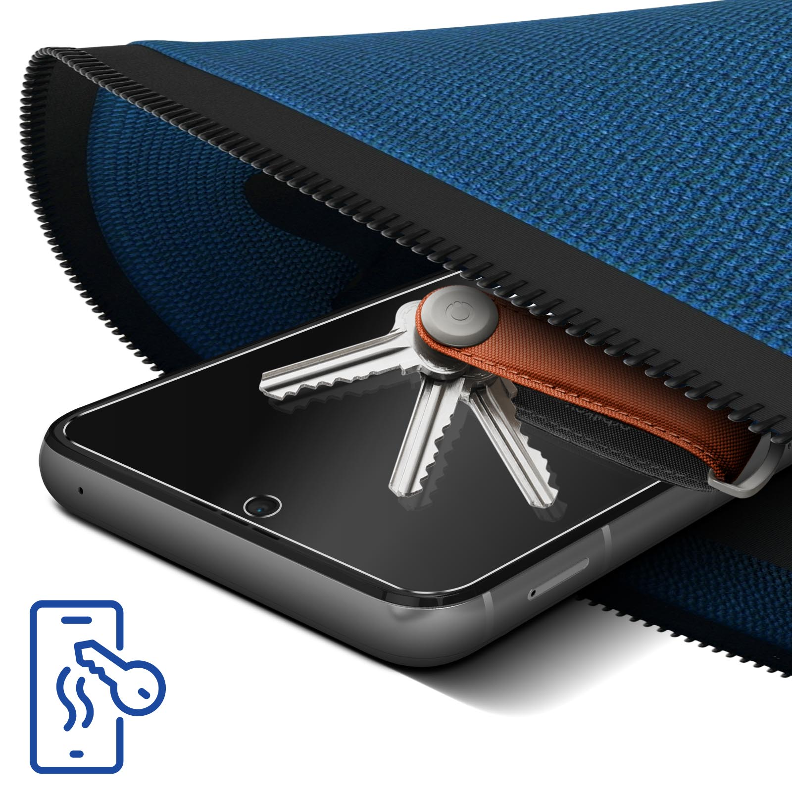 Niebieskie etui z tkaniny z zamkiem błyskawicznym, zawierające telefon i klucze. Ikona klucza znajduje się w rogu.