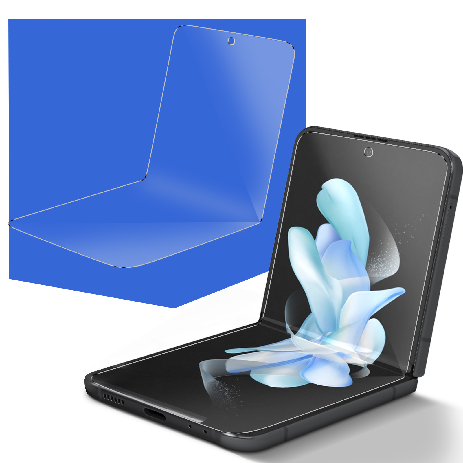 Składany telefon z nałożoną osłoną ekranu, z niebieskim tłem i szklanym ochraniaczem.