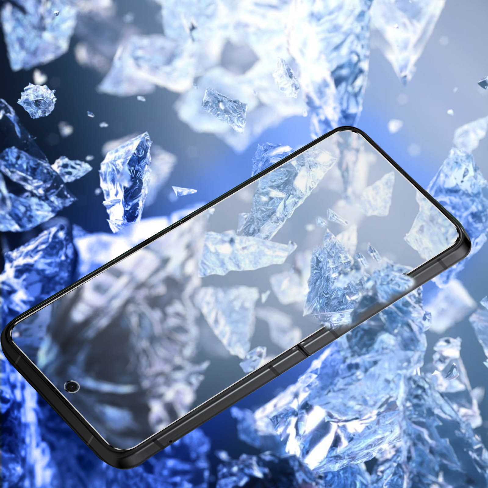 Czarny telefon z osłoną ekranu, otoczony odłamkami lodu. Telefon jest częściowo otwarty.