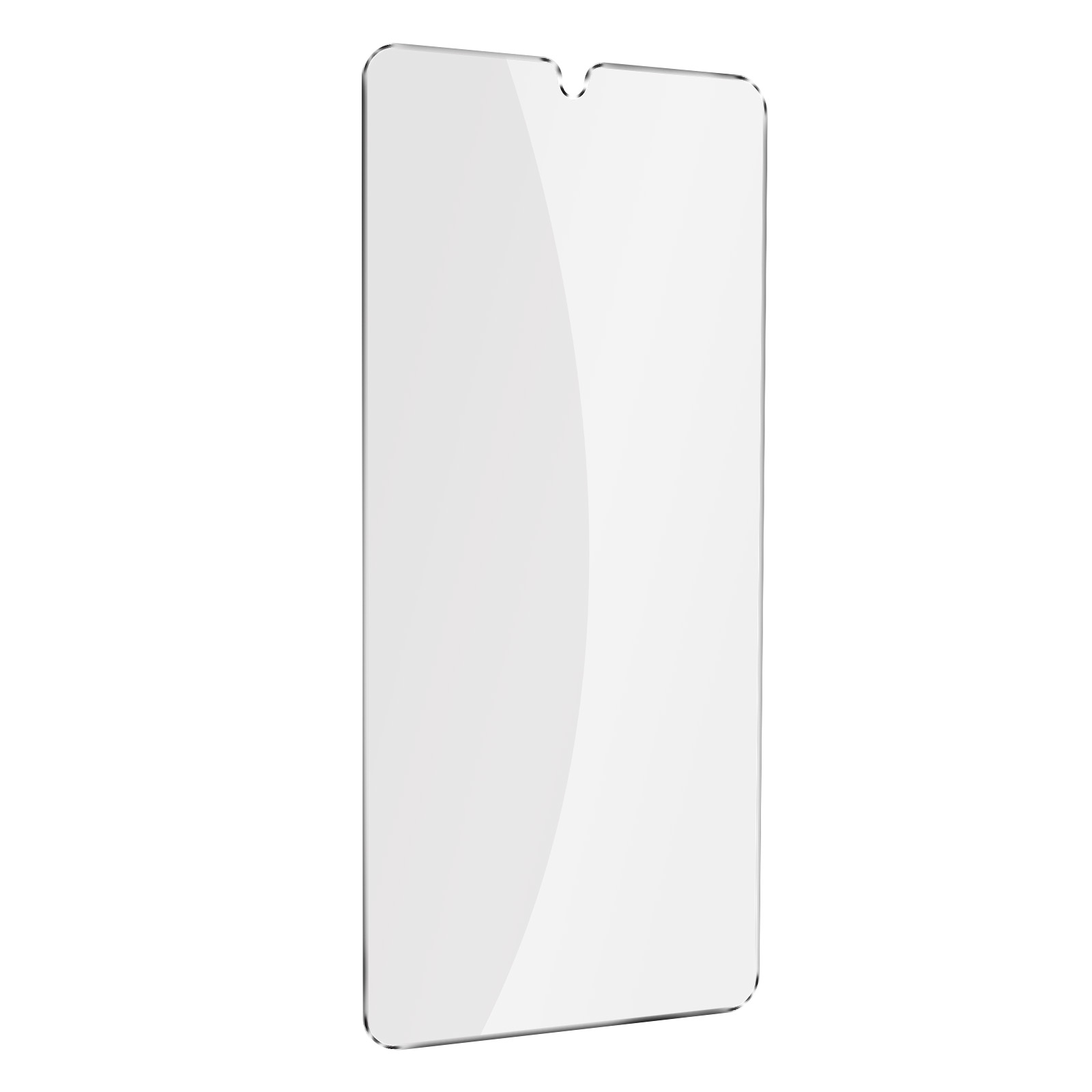 Przezroczysta ochrona ekranu na białym tle, lekko pochylona. Ma wycięcie u góry na kamerę.
