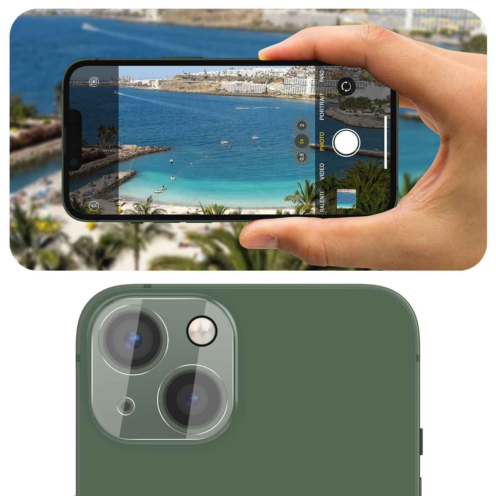 Hand holding a phone taking a picture of the sea. A green phone case is also visible.