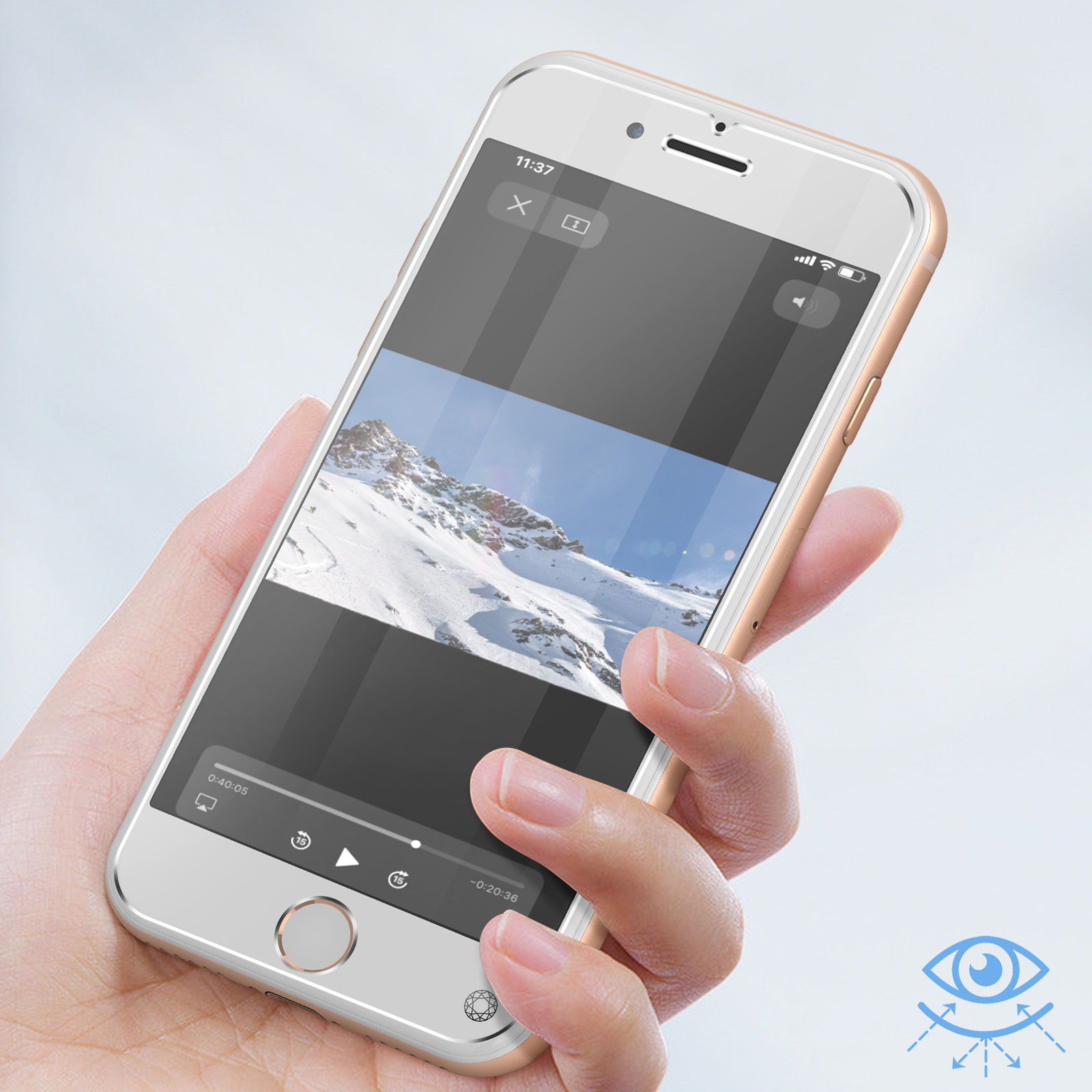 A hand holding a smartphone showing a video playing on the screen with a mountain landscape.
