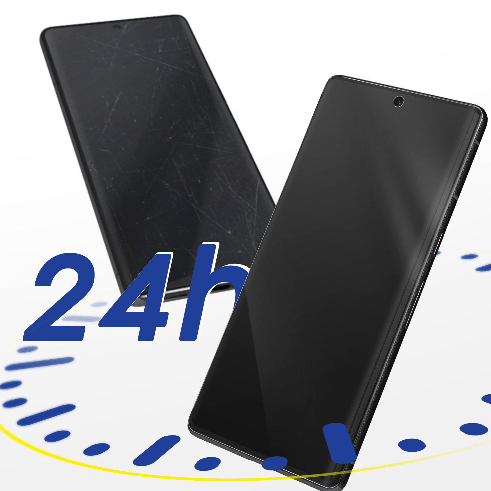 Due smartphone, uno rotto, l'altro intatto. Testo blu '24h' e grafica orologio su sfondo bianco.