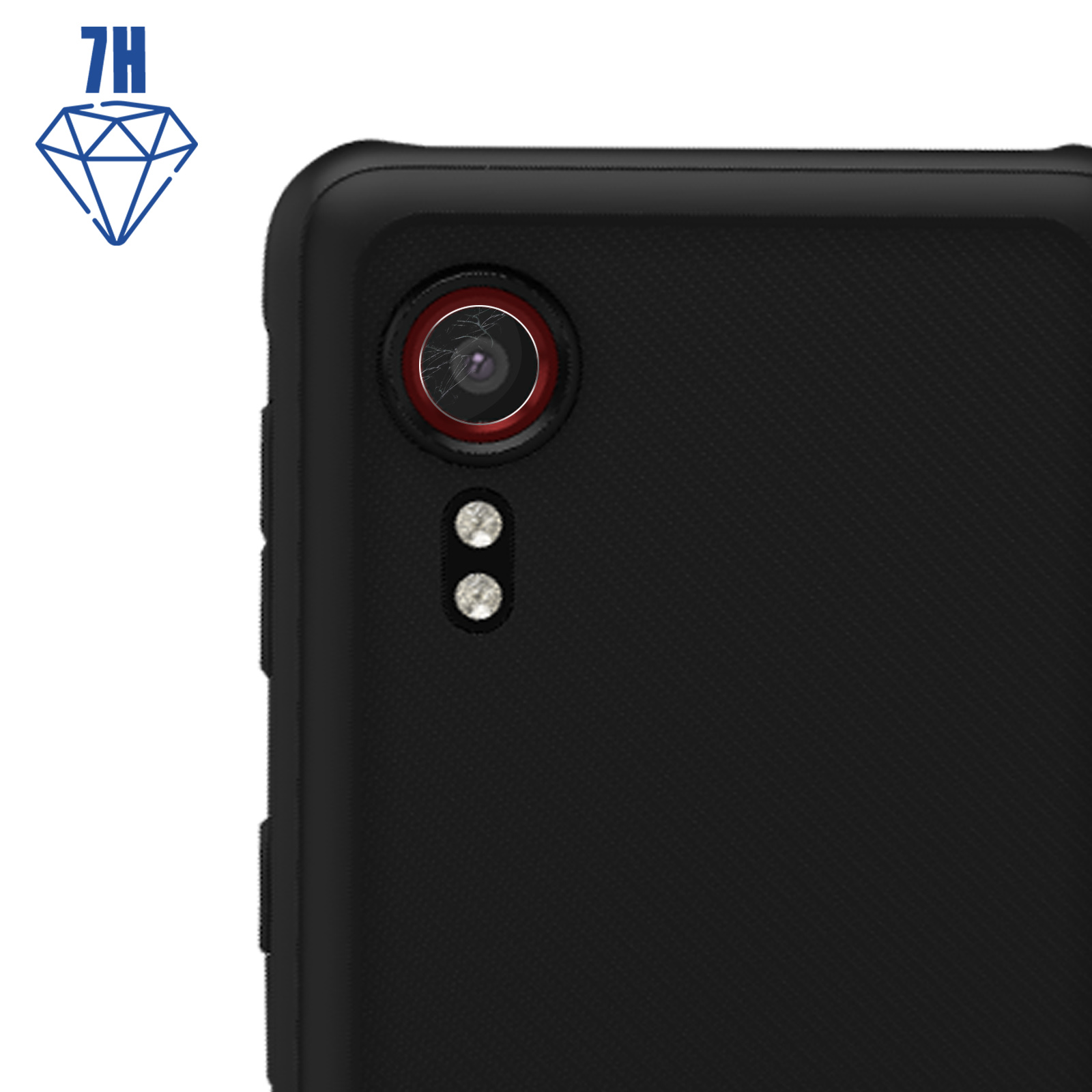 Primo piano di un telefono nero. L'obiettivo ha un anello rosso con due luci sotto. Un logo in alto a sinistra.
