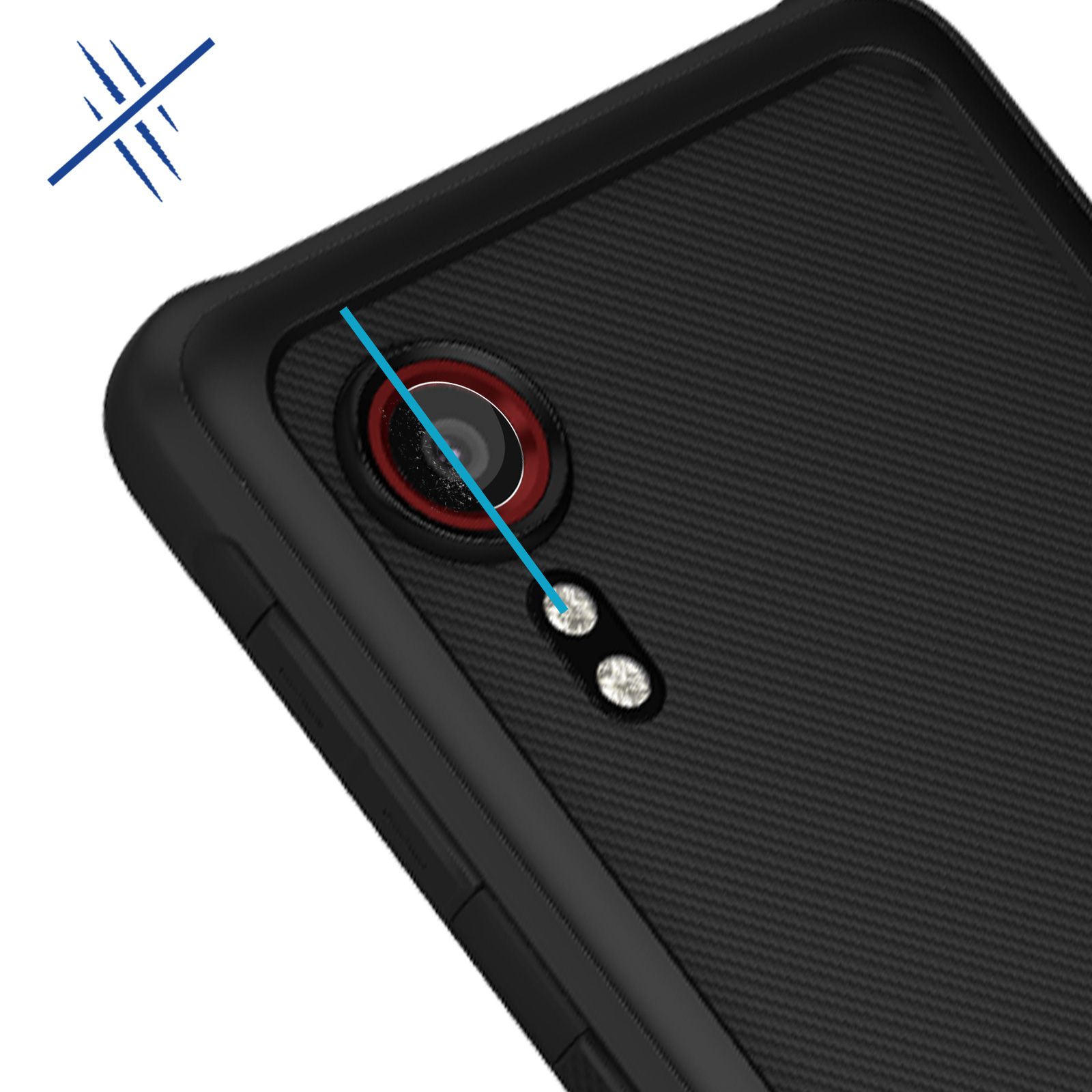 Primo piano di una custodia nera per telefono con obiettivo della fotocamera e due piccole luci. Linea blu dall'alto a sinistra.