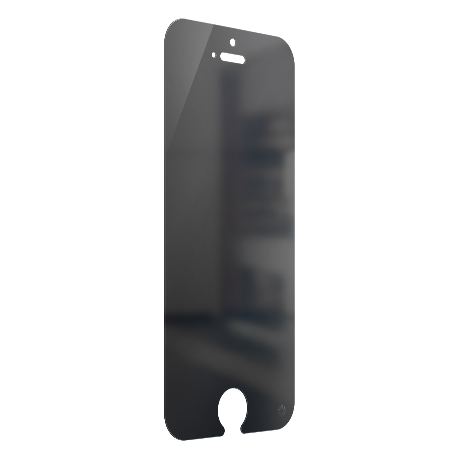 Protecteur d'écran de confidentialité noir pour un téléphone. Montre un trou pour la caméra frontale.