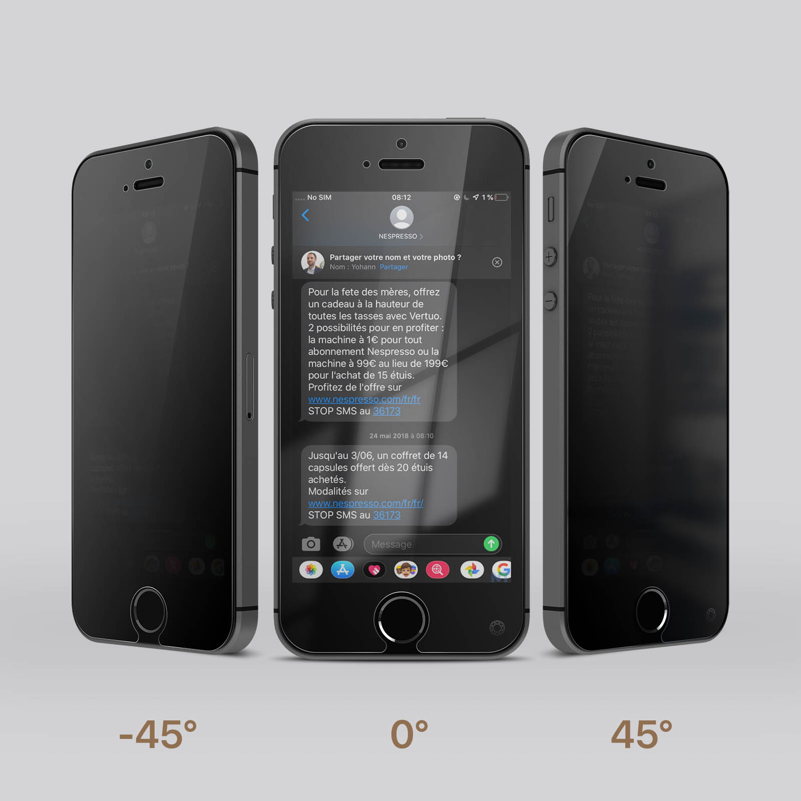 Trois smartphones noirs à différents angles avec un message affiché à l'écran.