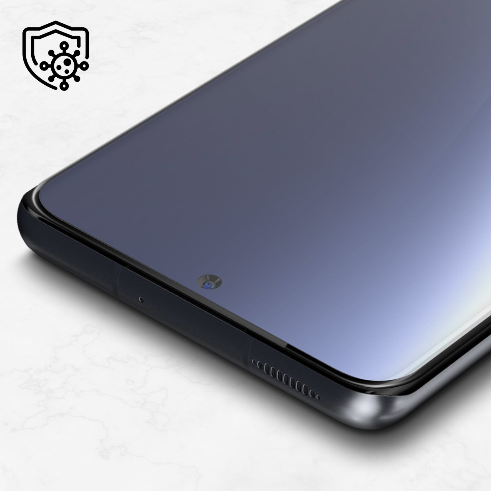 Un écran de téléphone avec un protecteur d'écran anti-espion. L'écran est bleu foncé.