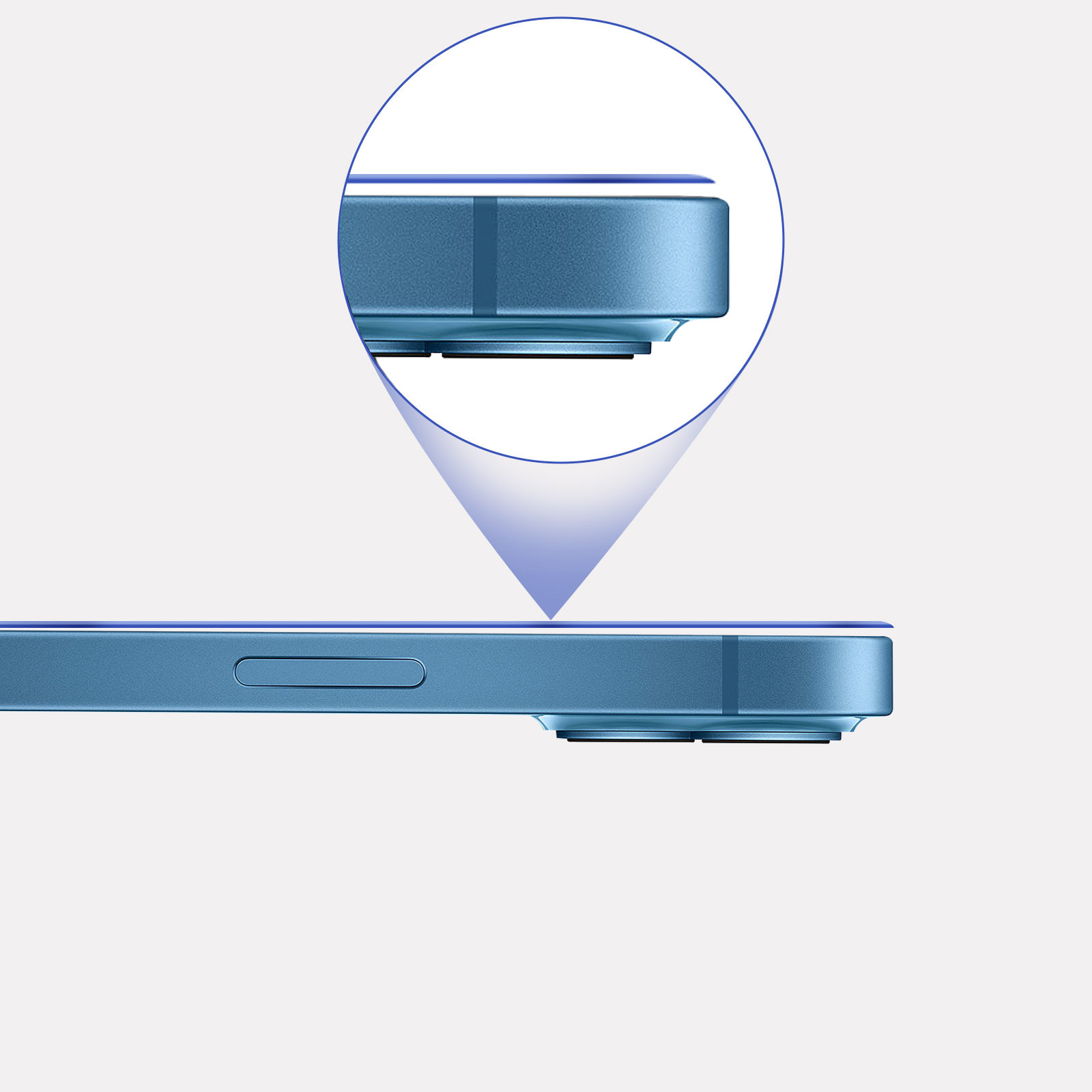 Pokazano niebieski telefon. Obszar aparatu jest ostry z widokiem z bliska.