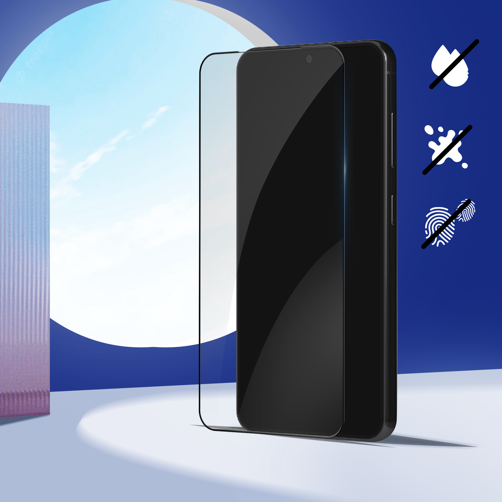 Czarny telefon z ochroną ekranu, z ikonami wody i odcisków palców. Tło nieba, różowa ściana.