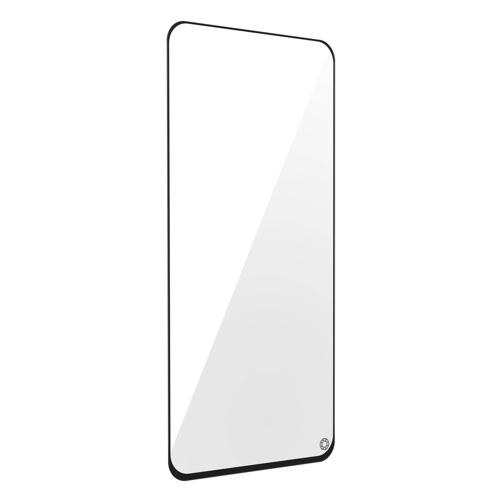 Un protecteur d'écran transparent pour un téléphone, avec des bordures noires. Il est rectangulaire avec des coins arrondis.