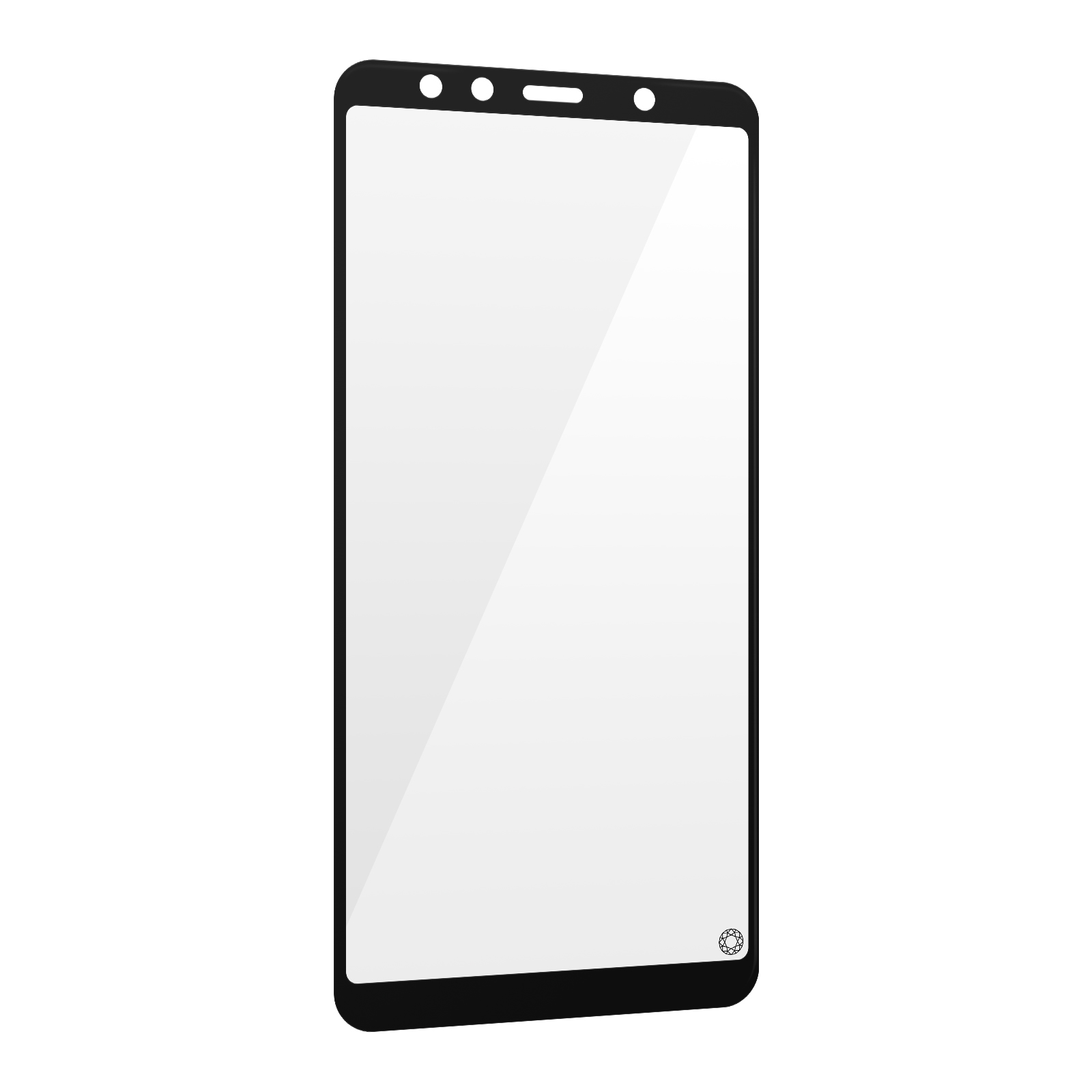 Smartphone met een screenprotector, zwart frame. Witte achtergrond. Een strakke uitstraling.