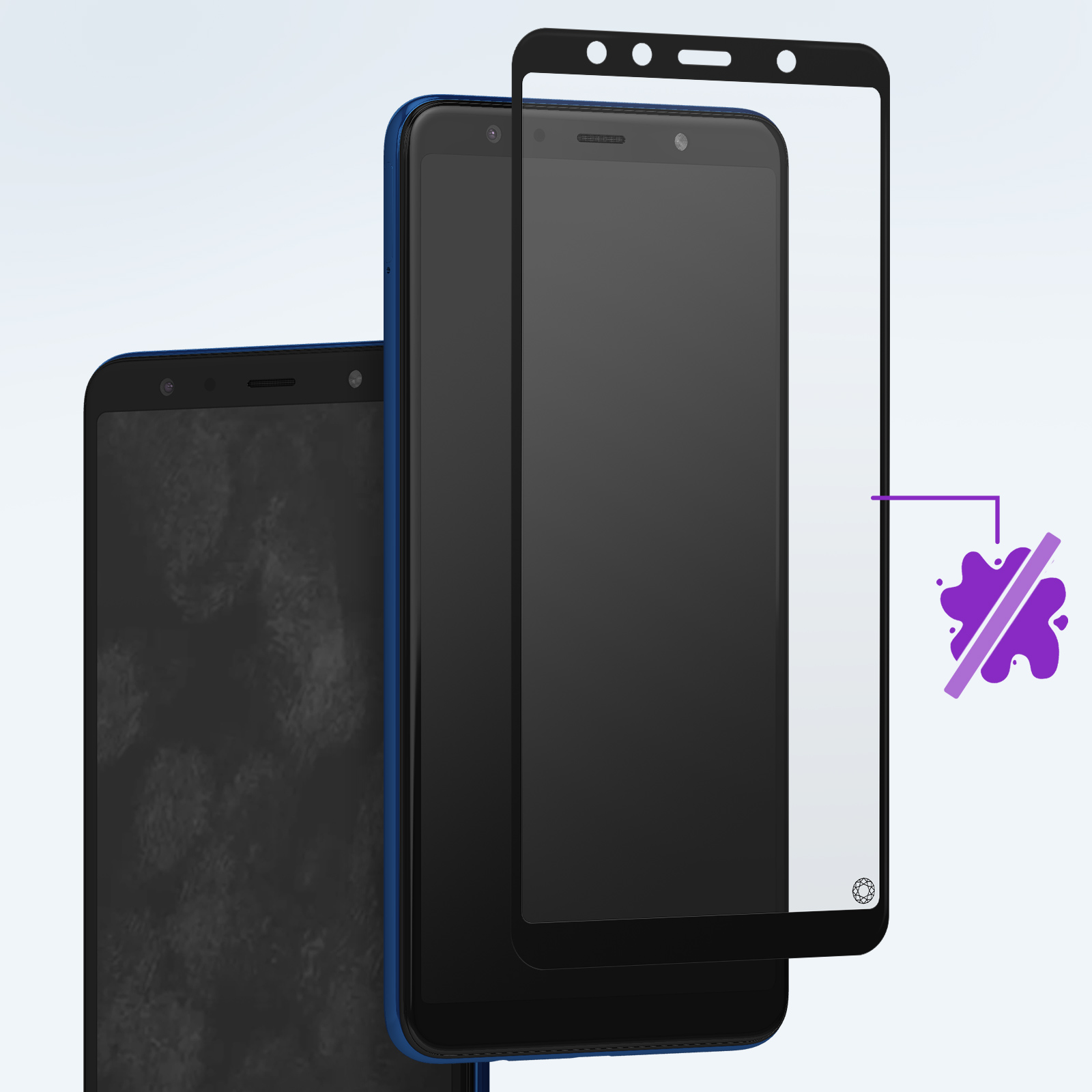Drie smartphones, twee zwart en één blauw. Een schermbeschermer is op een telefoon geplaatst. Een spat-icoon is aanwezig.