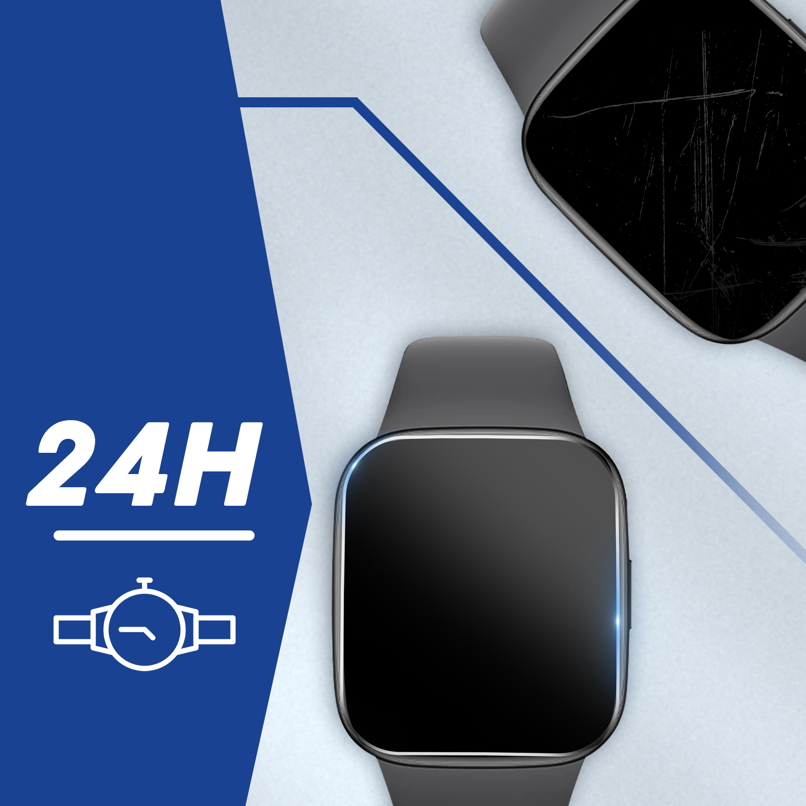 Due smartwatch con un testo '24H' e un'icona dell'orologio. Sfondo blu e bianco.