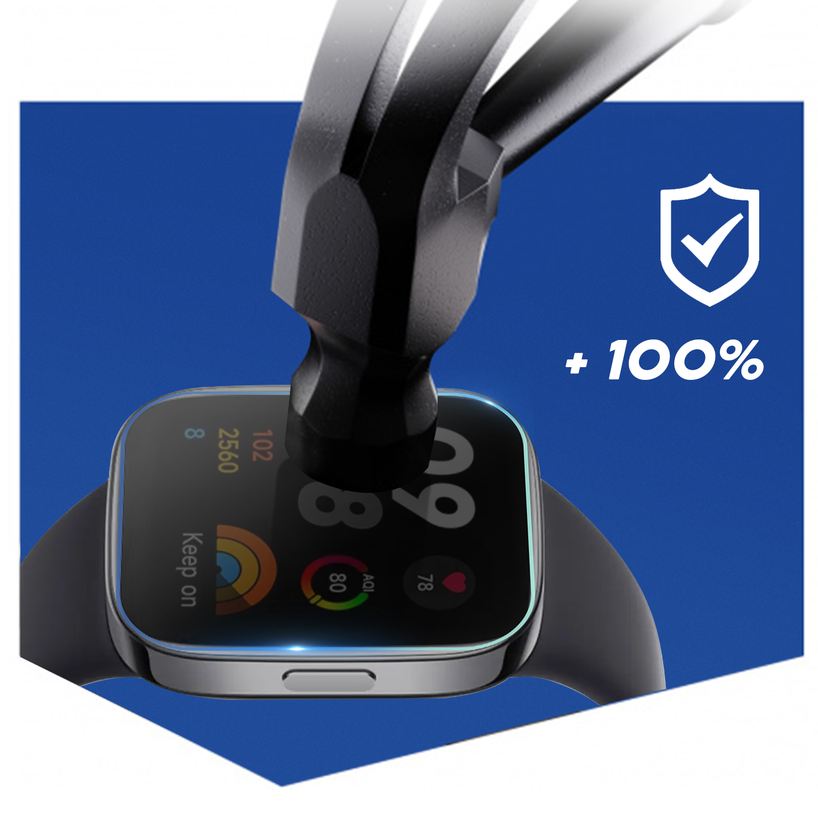 Un martello colpisce lo schermo di uno smartwatch con sfondo blu. Testo: +100%.