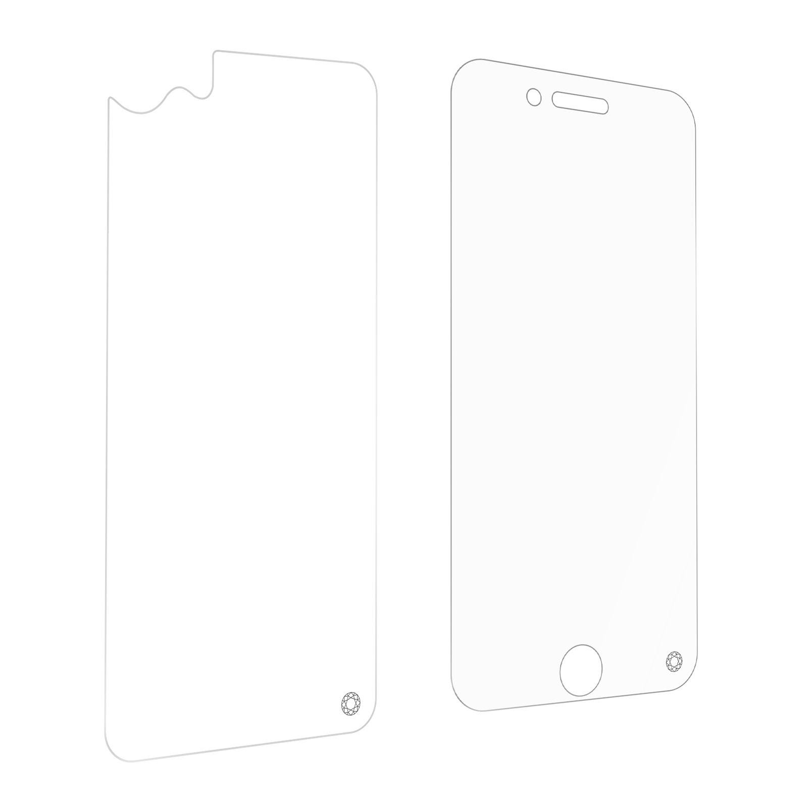 Deux protecteurs d'écran transparents pour un téléphone, dont un avec un bord cassé.