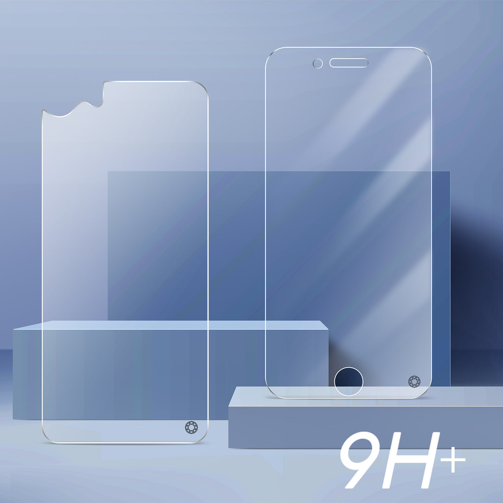 Deux protections d'écran de téléphone, une avec une morsure. Un fond bleu clair.