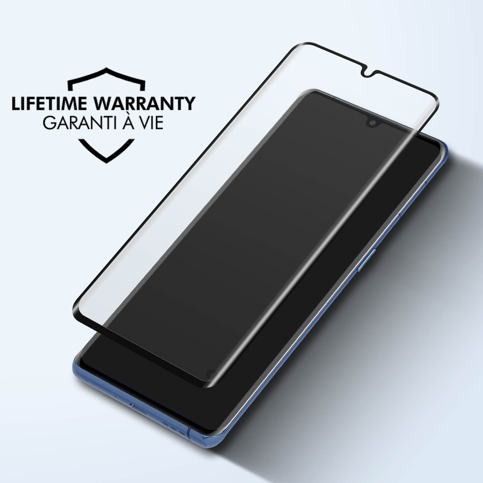 Un telefono con protezione schermo applicata, con garanzia a vita.