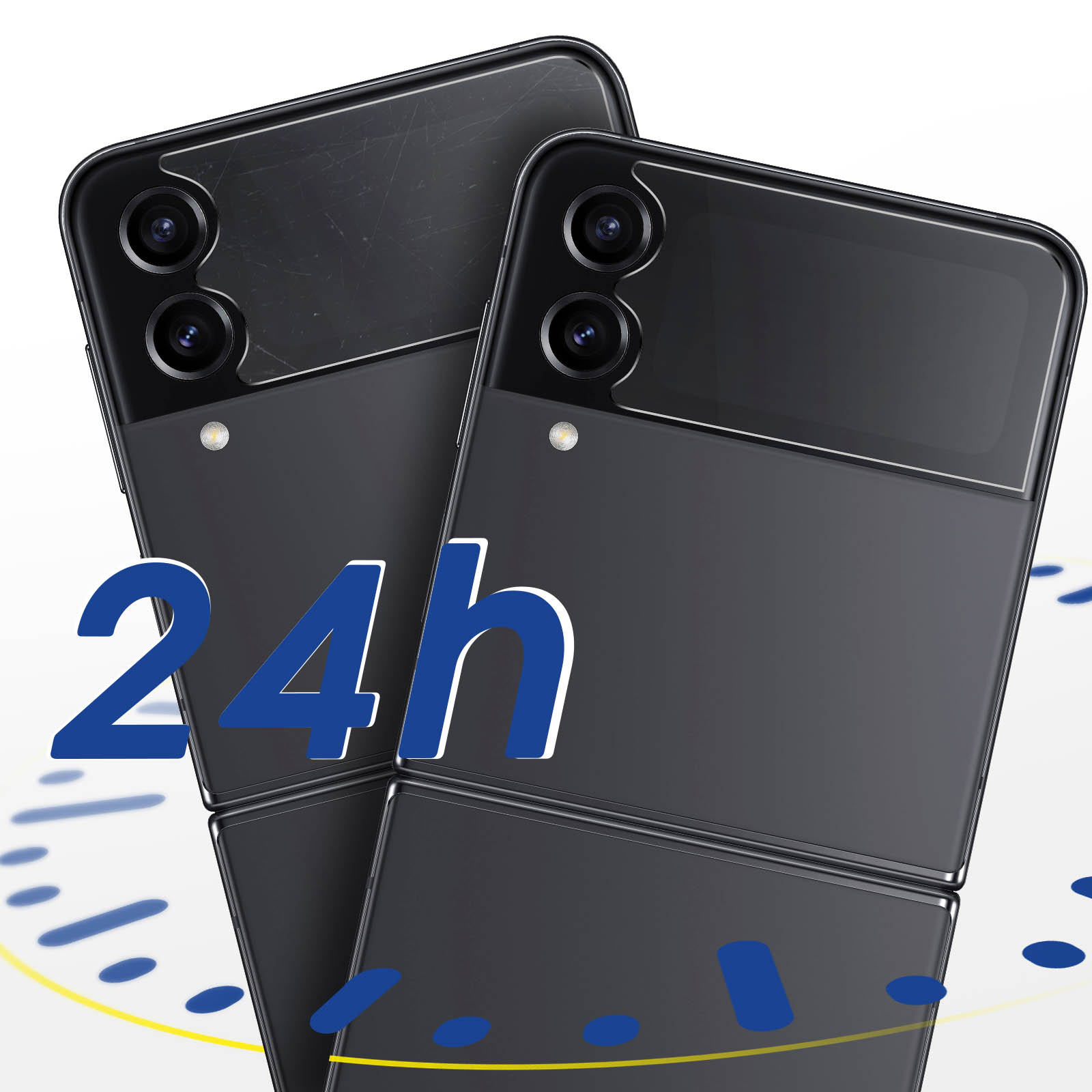 Due telefoni pieghevoli neri. Il testo 24h è sovrapposto con lancette dell'orologio.