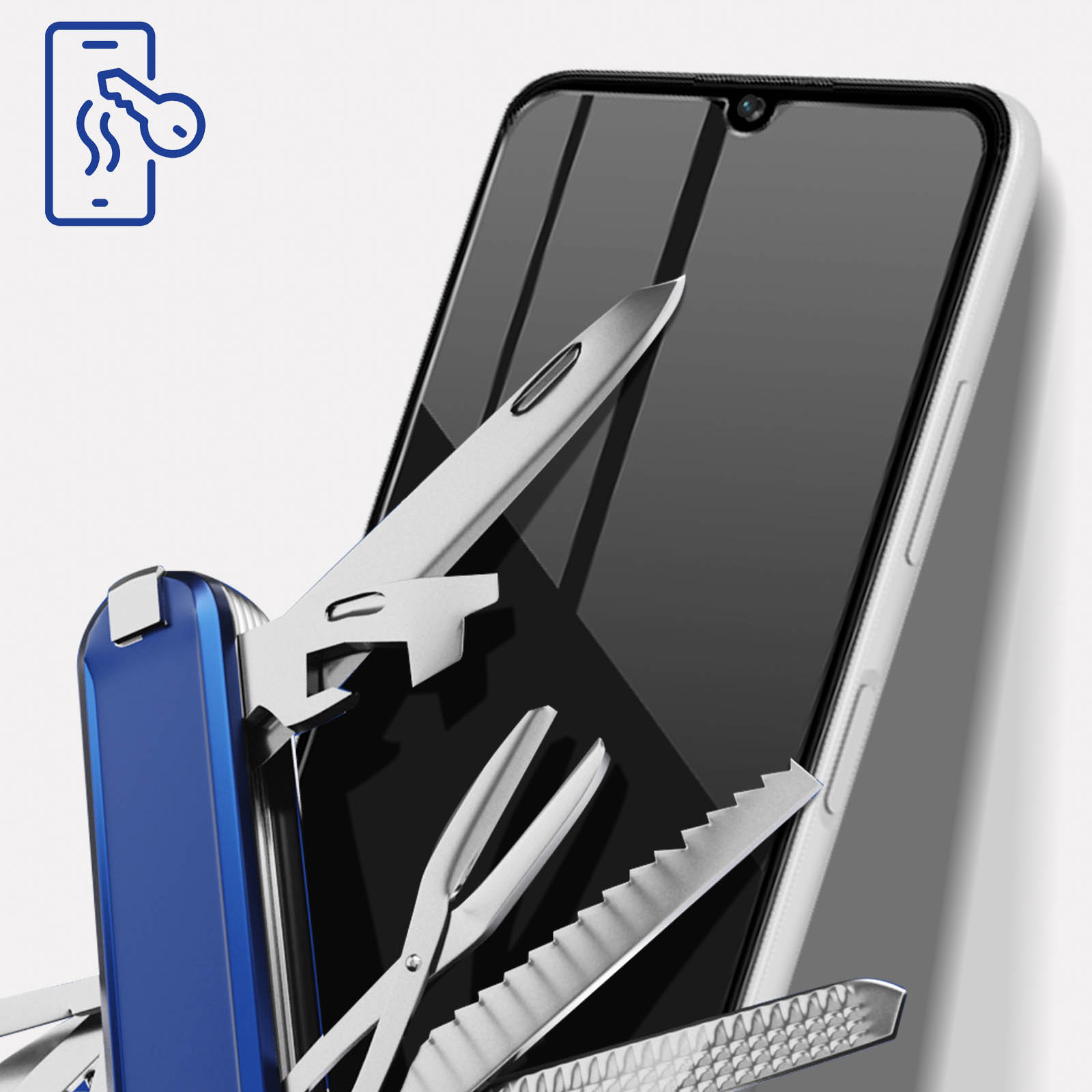 Telefon i scyzoryk. Telefon ma czarny ekran, narzędzie jest niebieskie i srebrne.