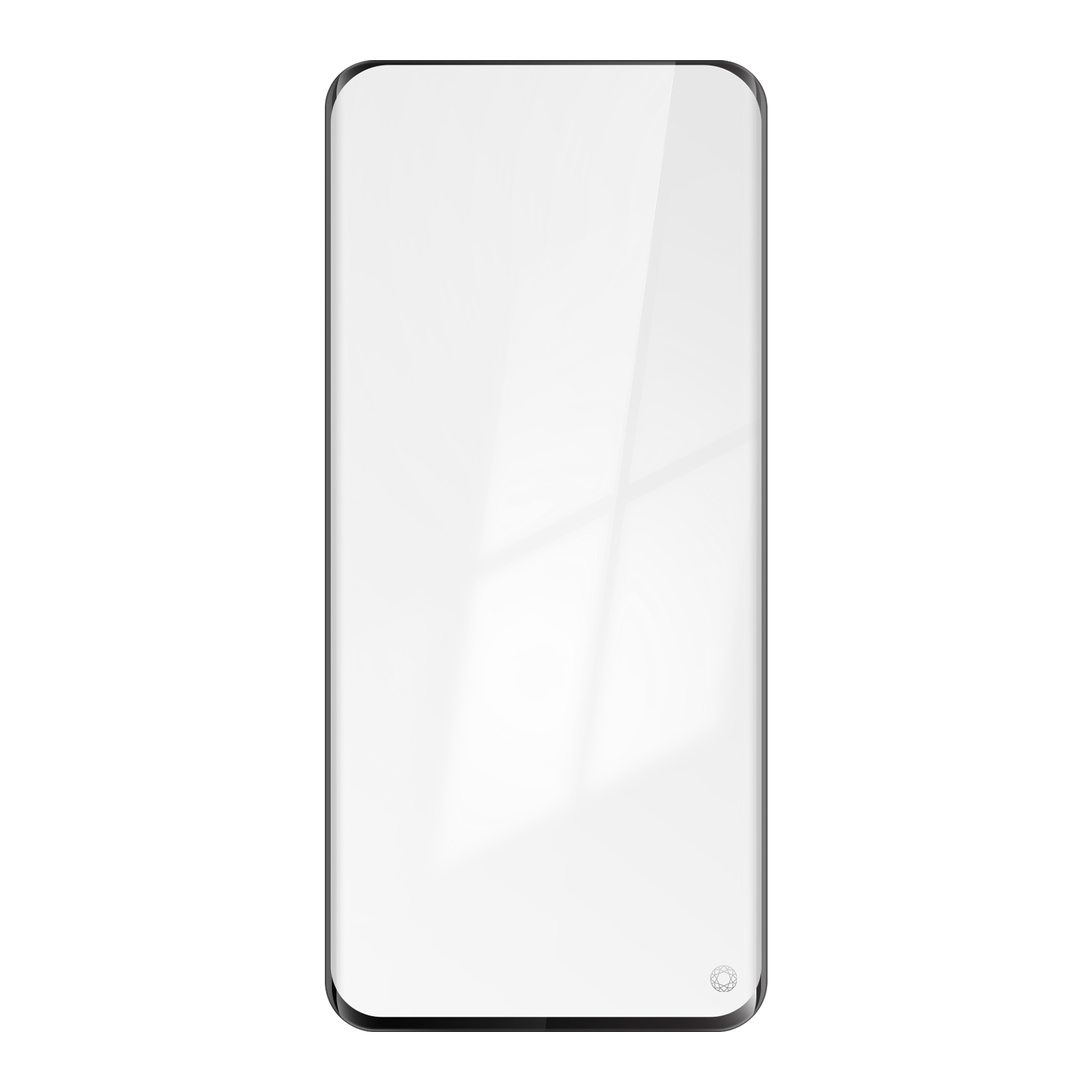 Transparante schermbeschermer met zwart frame, op een witte achtergrond.