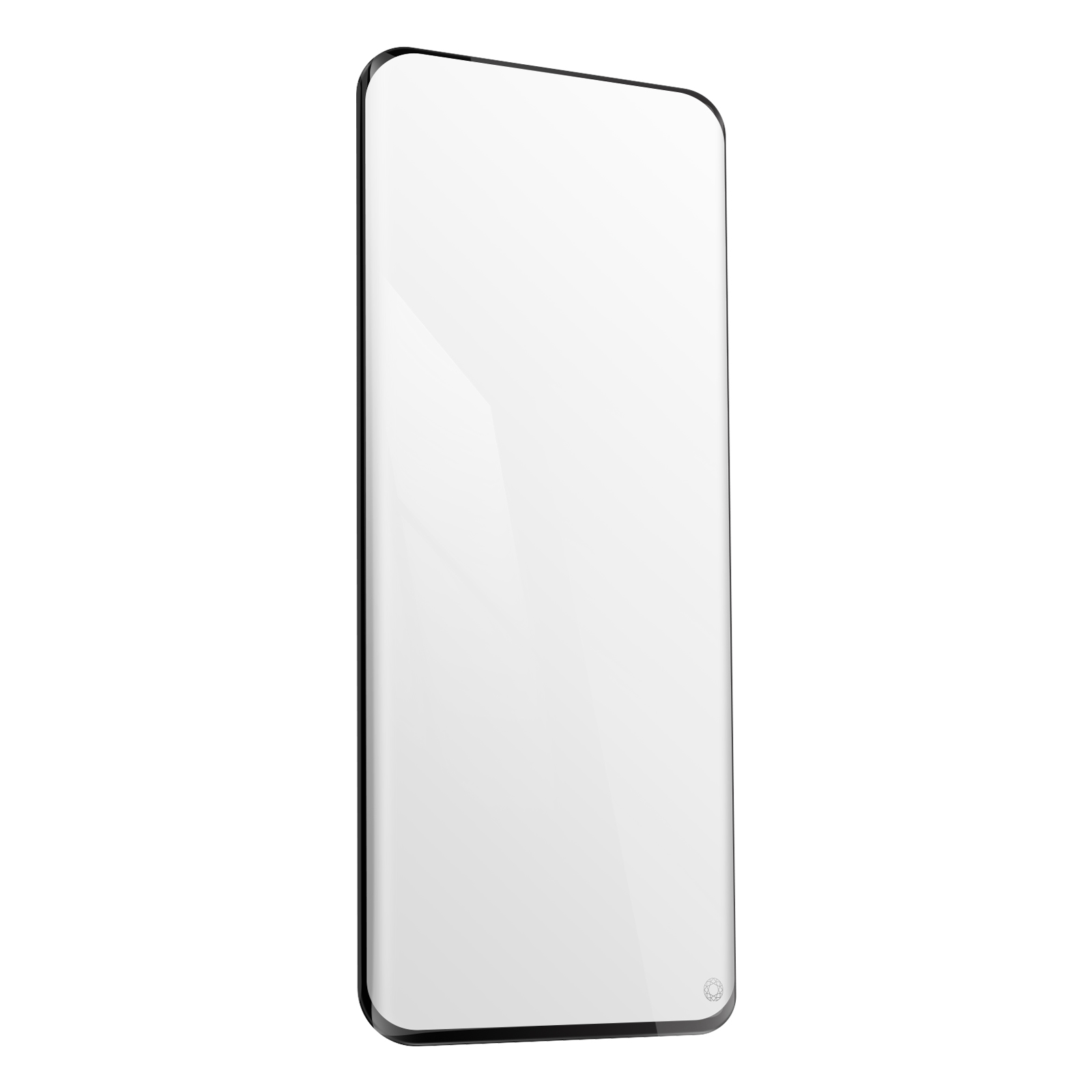 Een heldere schermbeschermer voor een telefoon, met zwarte randen. De beschermer staat op een witte achtergrond.