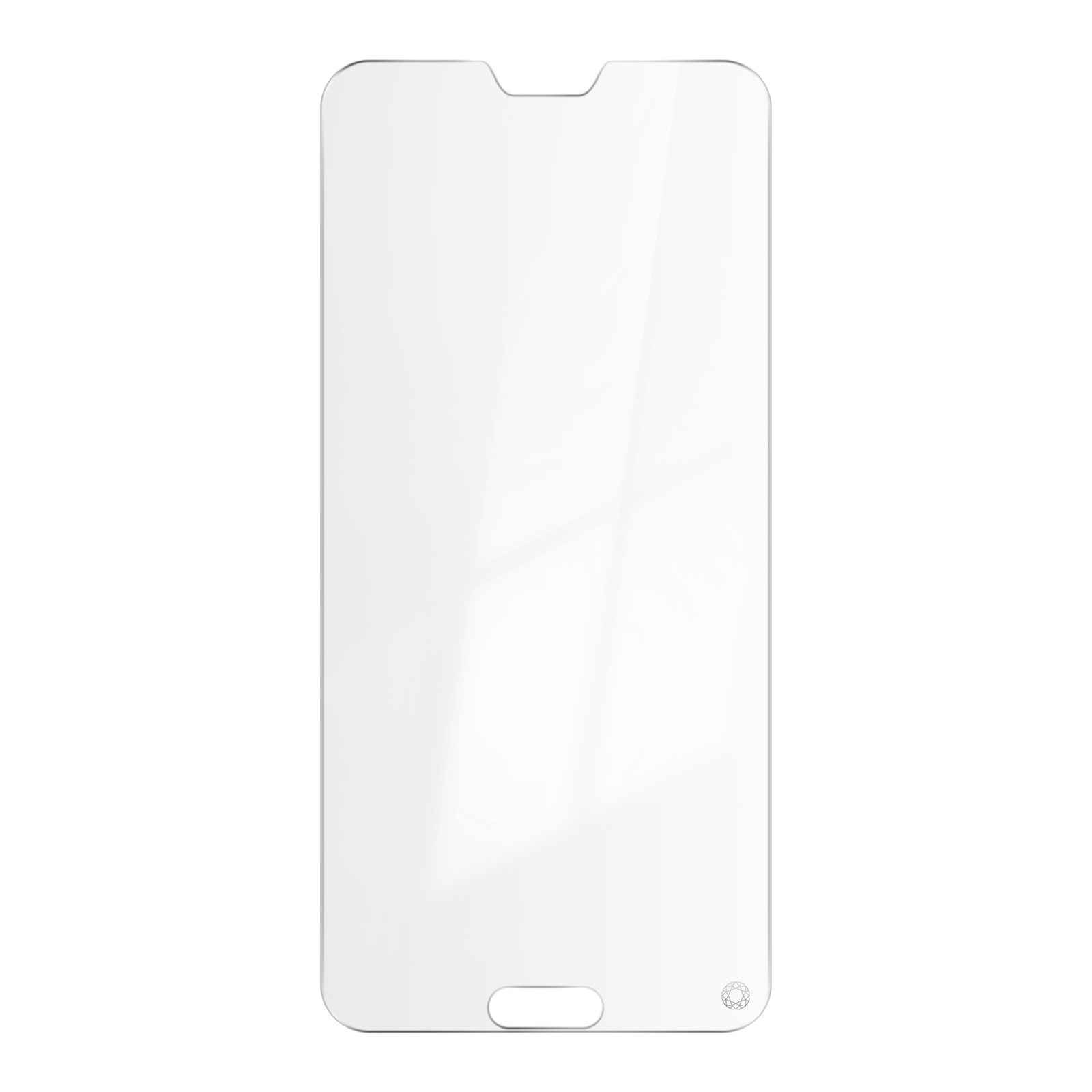 Protecteur d'écran sur un téléphone. Protecteur en verre transparent couvre l'écran. Fond blanc.