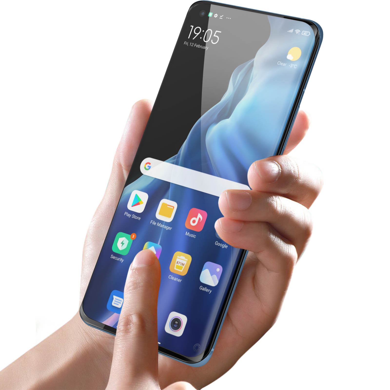 Een hand die een telefoon vasthoudt met app-pictogrammen weergegeven. Het telefoonscherm toont tijd en datum.