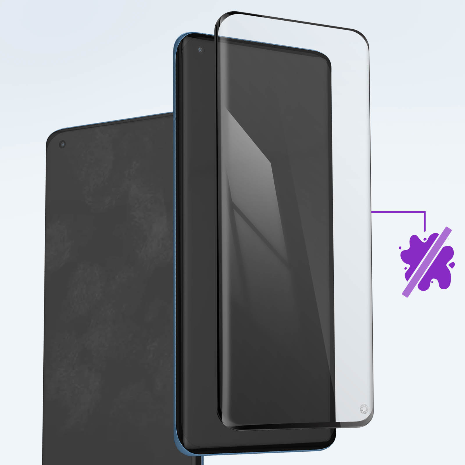 Telefoon en schermbeschermer. De beschermer is helder en de telefoon is zwart.