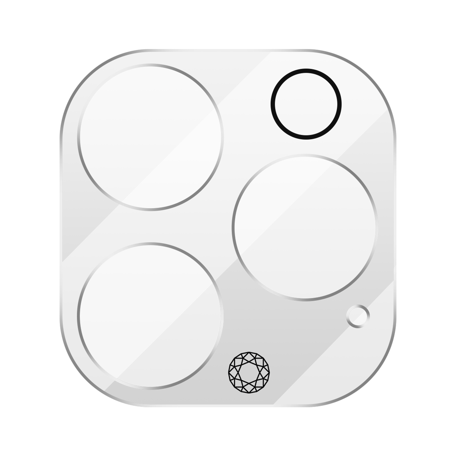 Un protecteur d'objectif de caméra de téléphone transparent avec quatre cercles et un motif de diamant.