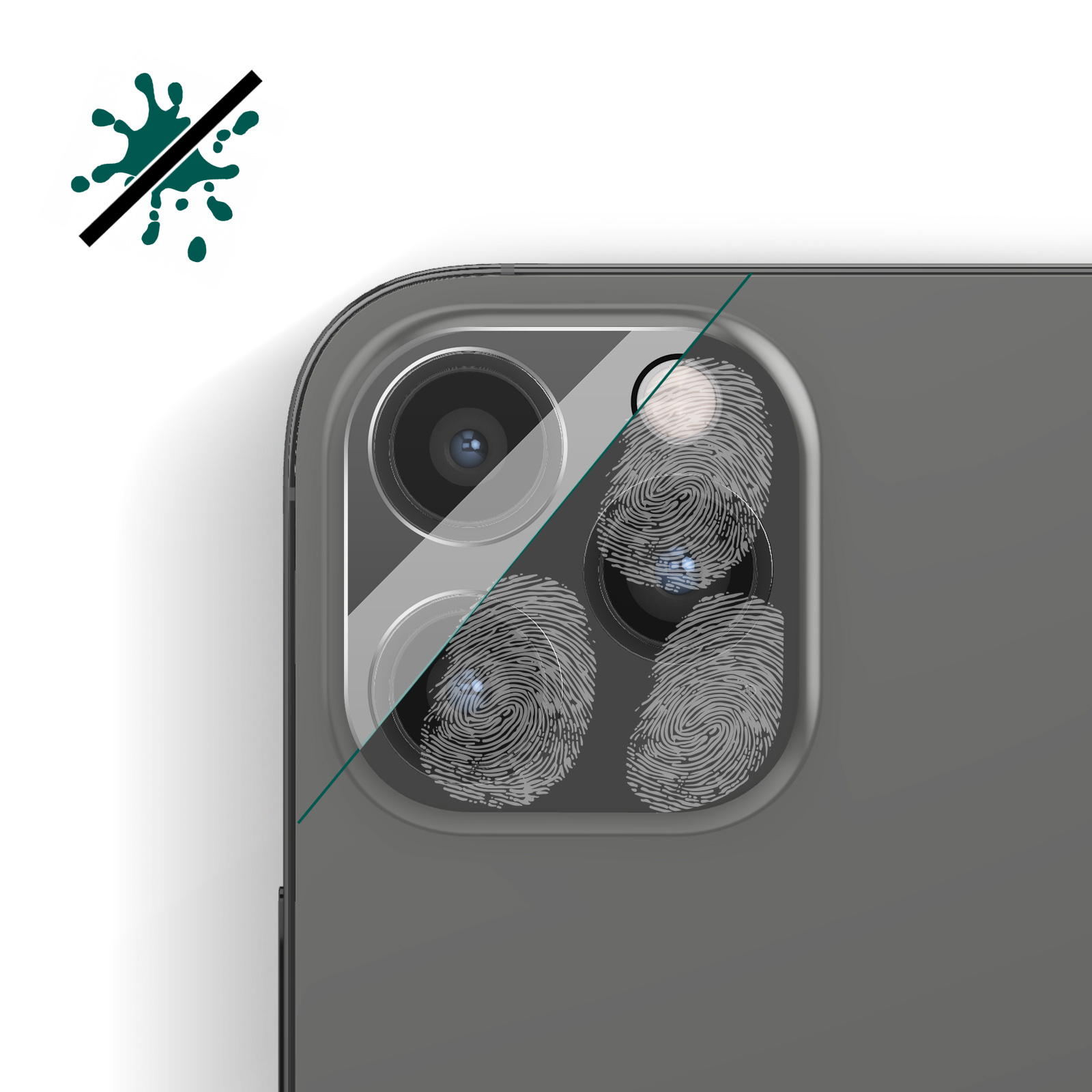Caméra de téléphone avec empreintes digitales et une éclaboussure verte avec un panneau d'interdiction. Le téléphone est noir.