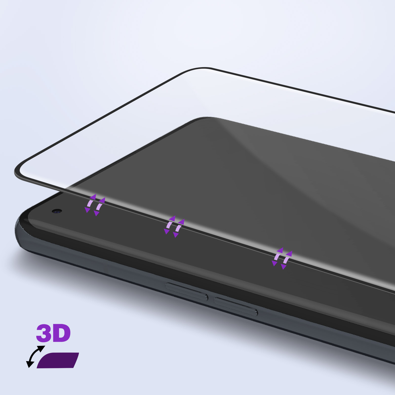 Téléphone avec protecteur d'écran appliqué. Le texte 3D est visible sur l'écran.
