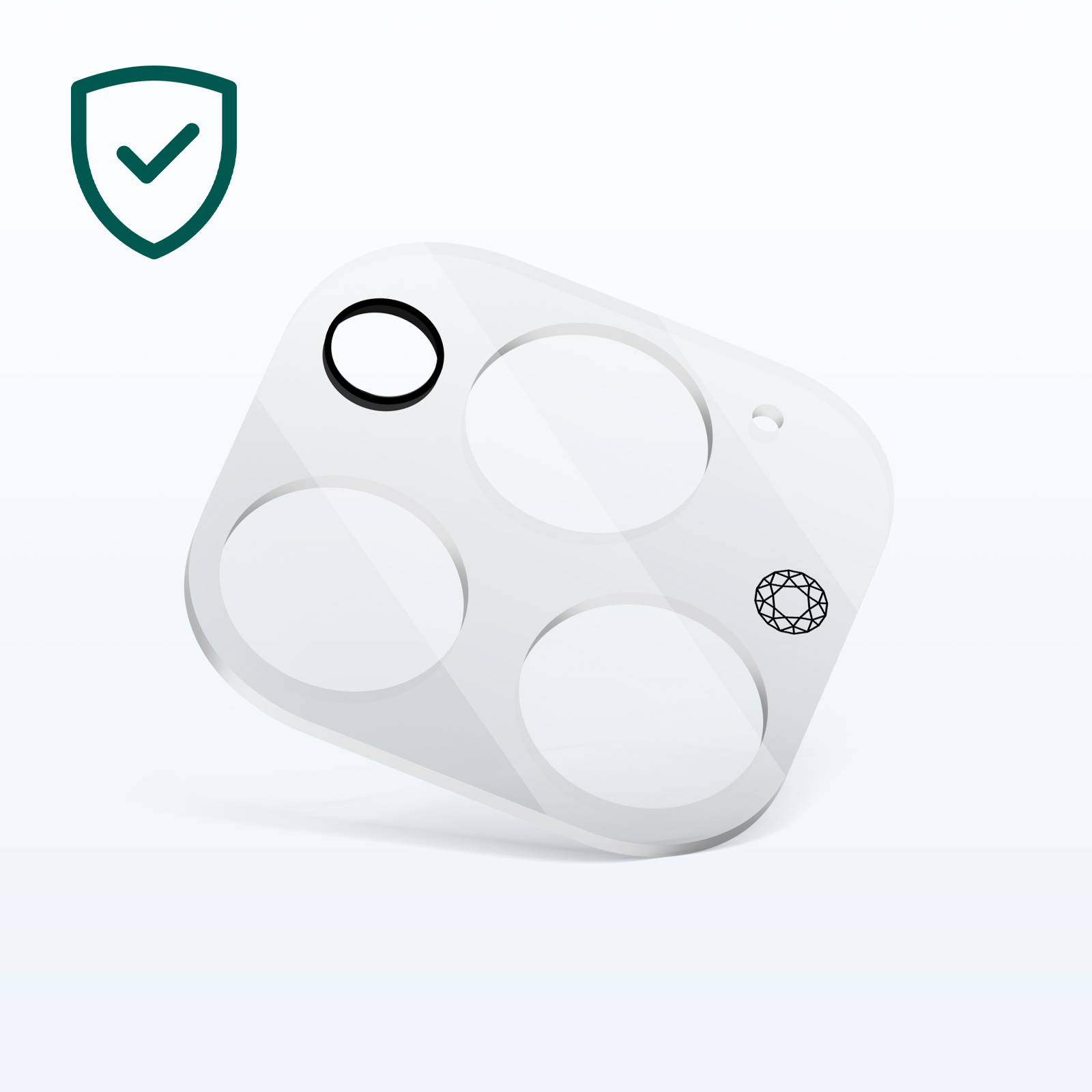 Protecteur d'objectif pour téléphone. Transparent, blanc avec des accents noirs et argentés.