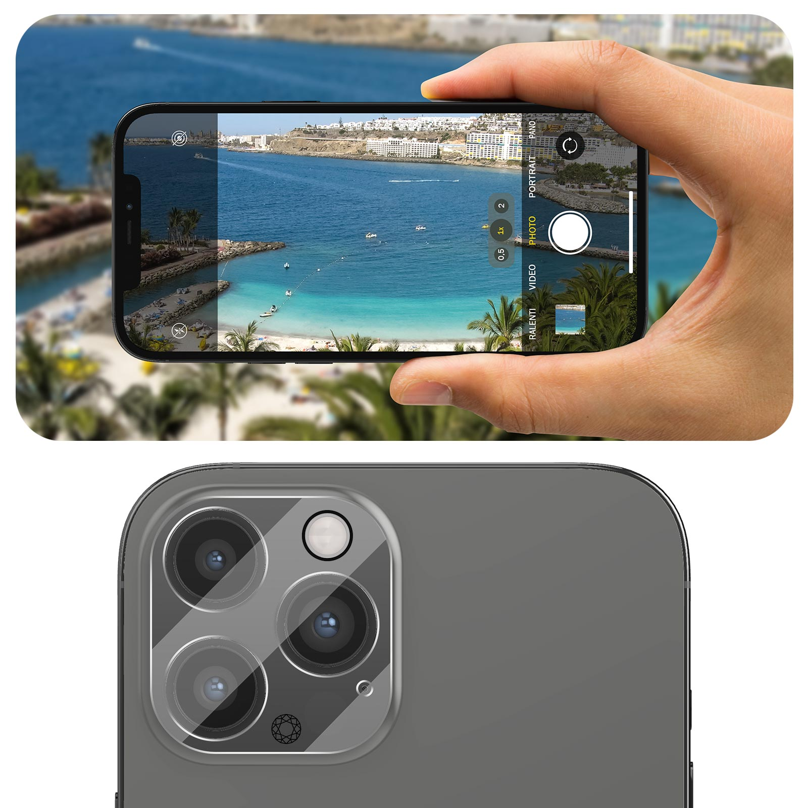 Une main tenant un téléphone, prenant une photo d'une scène de plage. L'objectif de l'appareil photo du téléphone est également visible.