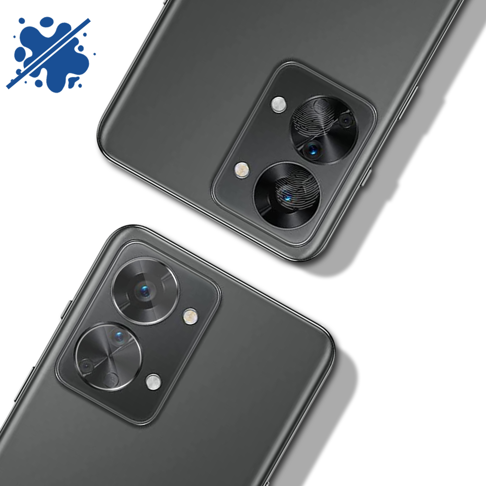Due smartphone grigi con fotocamere a doppia lente sono posizionati in diagonale, con sfondo bianco e icona blu.